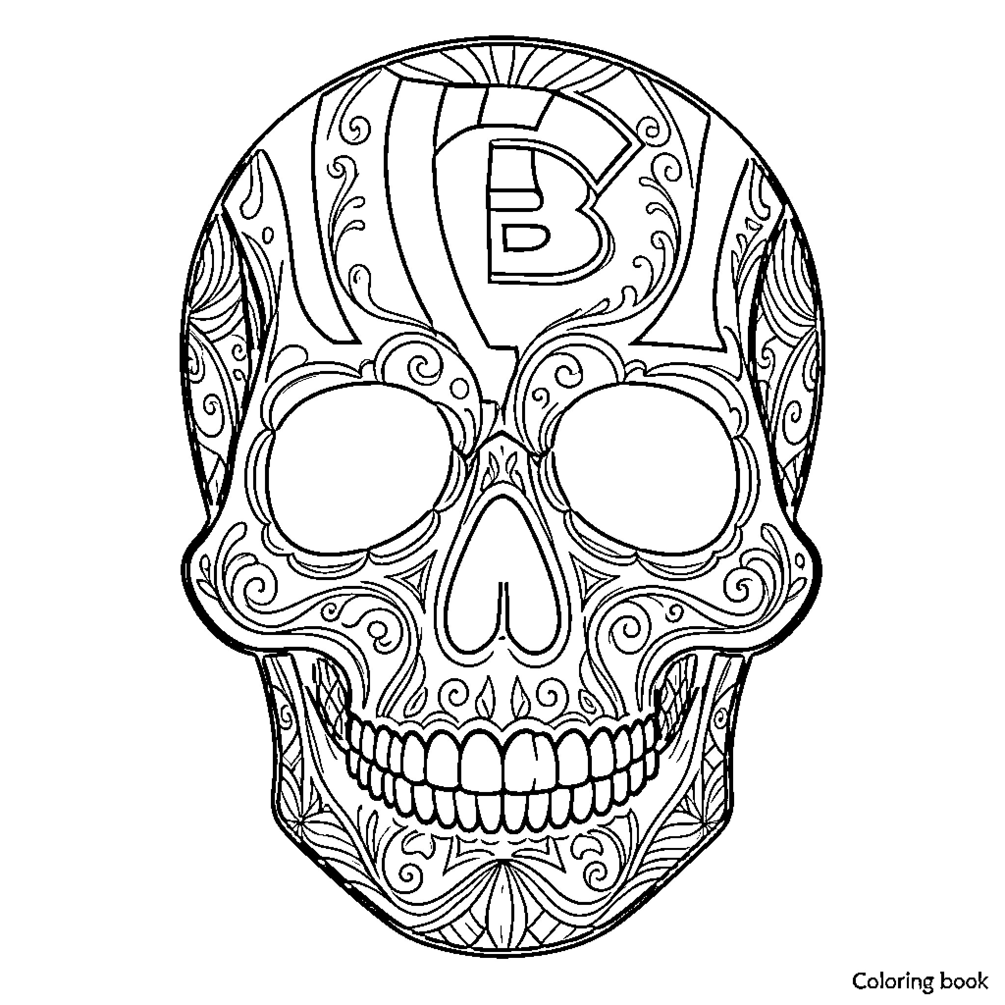 Cincinnati Bengals themed skull with intricate decorative patterns Coloring Page (free black-and-white line drawing printable PDF for all, from beginners to advanced learners, including children, teens, adults, and seniors)