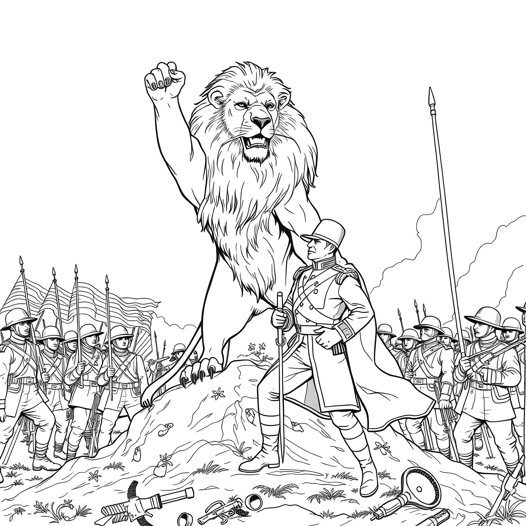 Lion rising above army with soldier in foreground Coloring Page (free black-and-white line drawing printable PDF for all, from beginners to advanced learners, including children, teens, adults, and seniors)