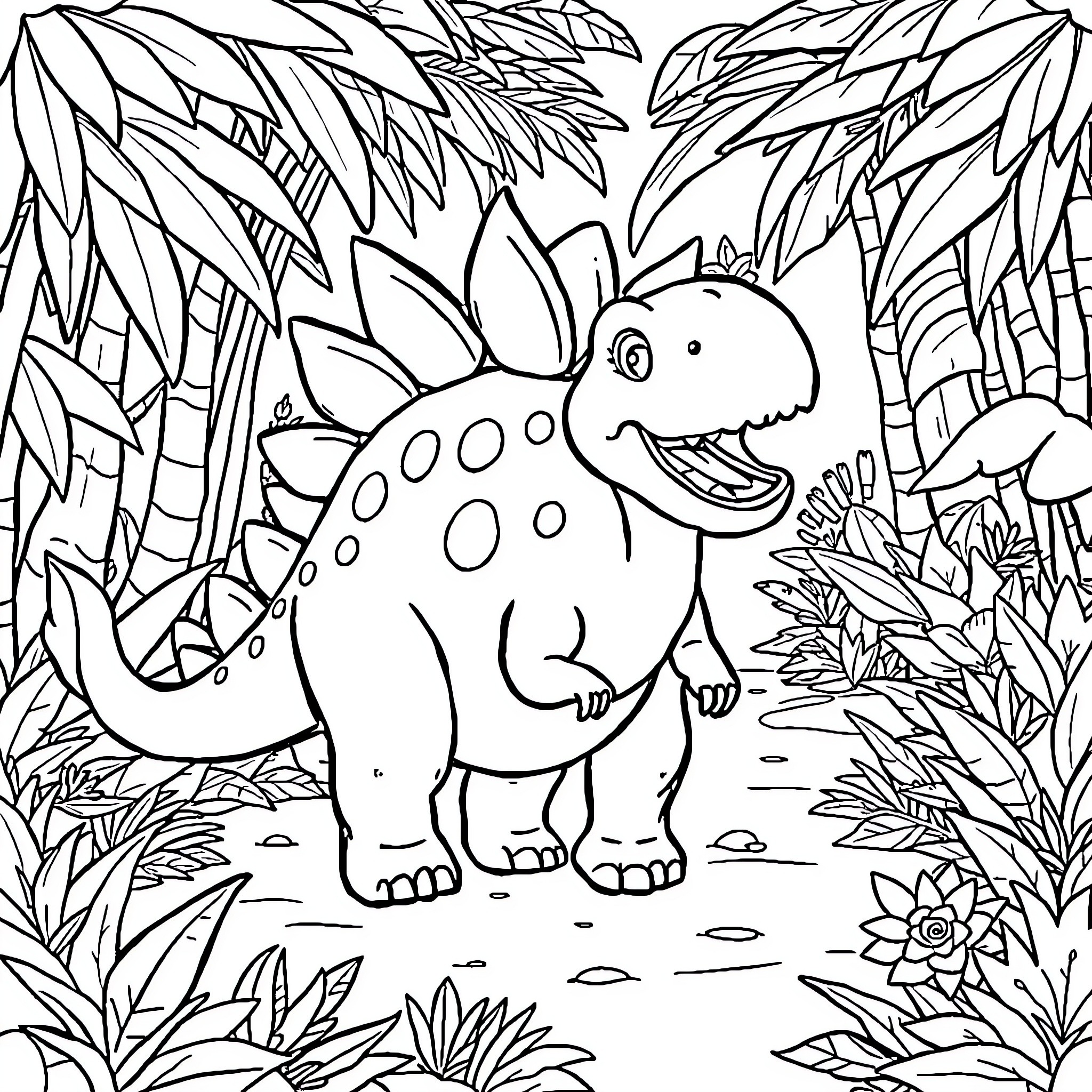 Stegosaurus enjoying the jungle scenery Coloring Page (free black-and-white line drawing printable PDF for all, from beginners to advanced learners, including children, teens, adults, and seniors)