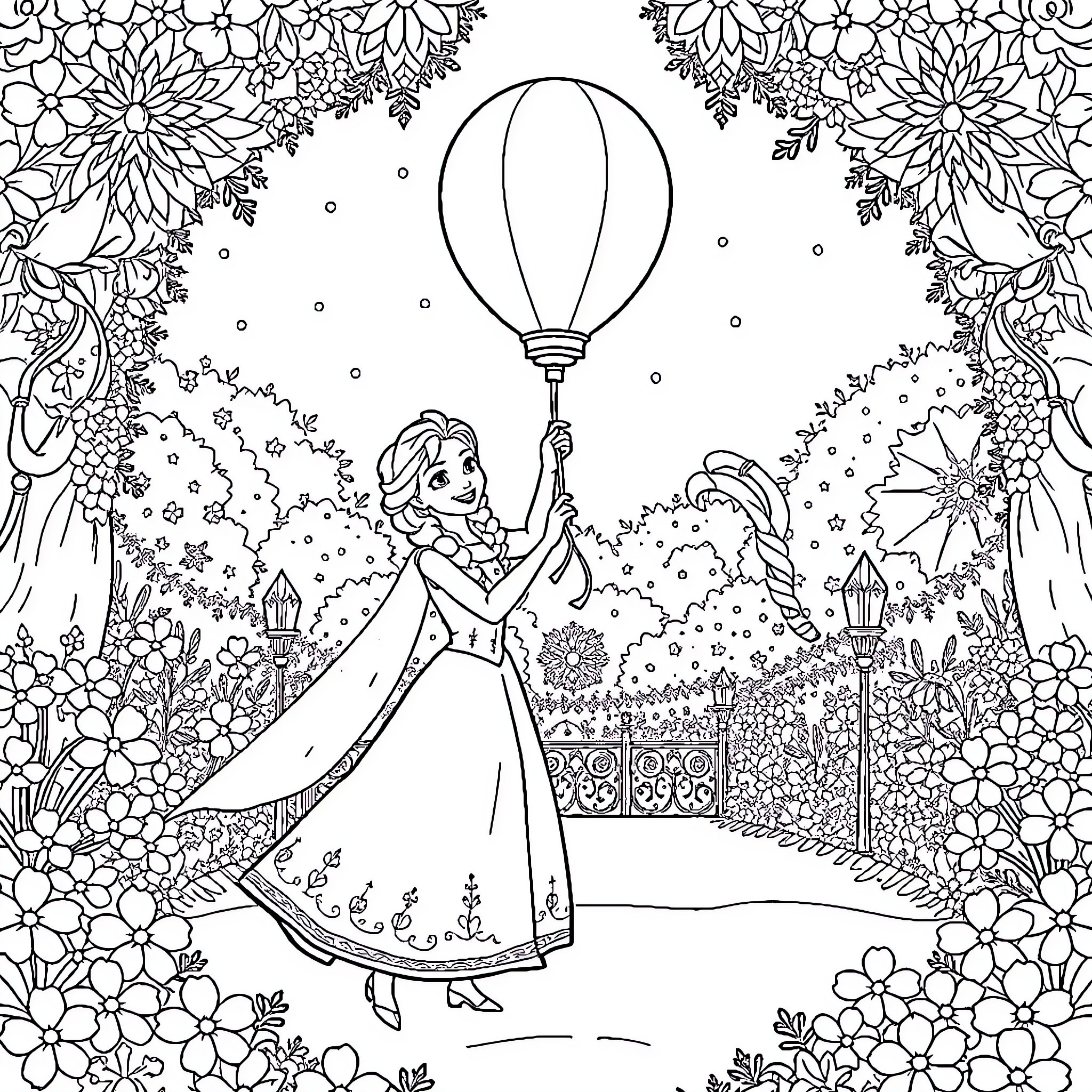 Anna and Elsa's Magical Garden Adventure Coloring Page (free black-and-white line drawing printable PDF for all, from beginners to advanced learners, including children, teens, adults, and seniors)