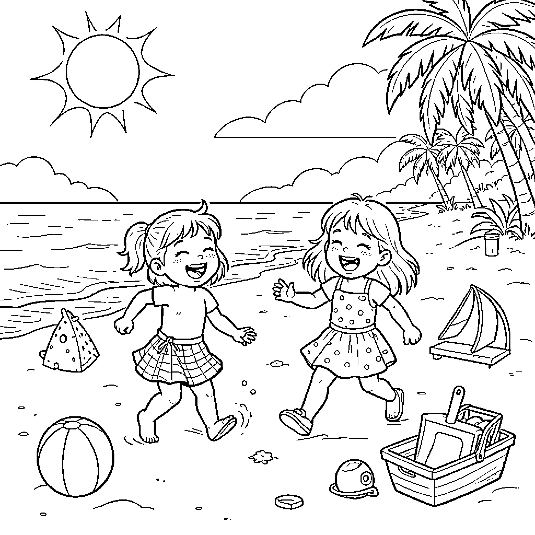 Girls playing joyfully on the beach Coloring Page (free black-and-white line drawing printable PDF for all, from beginners to advanced learners, including children, teens, adults, and seniors)