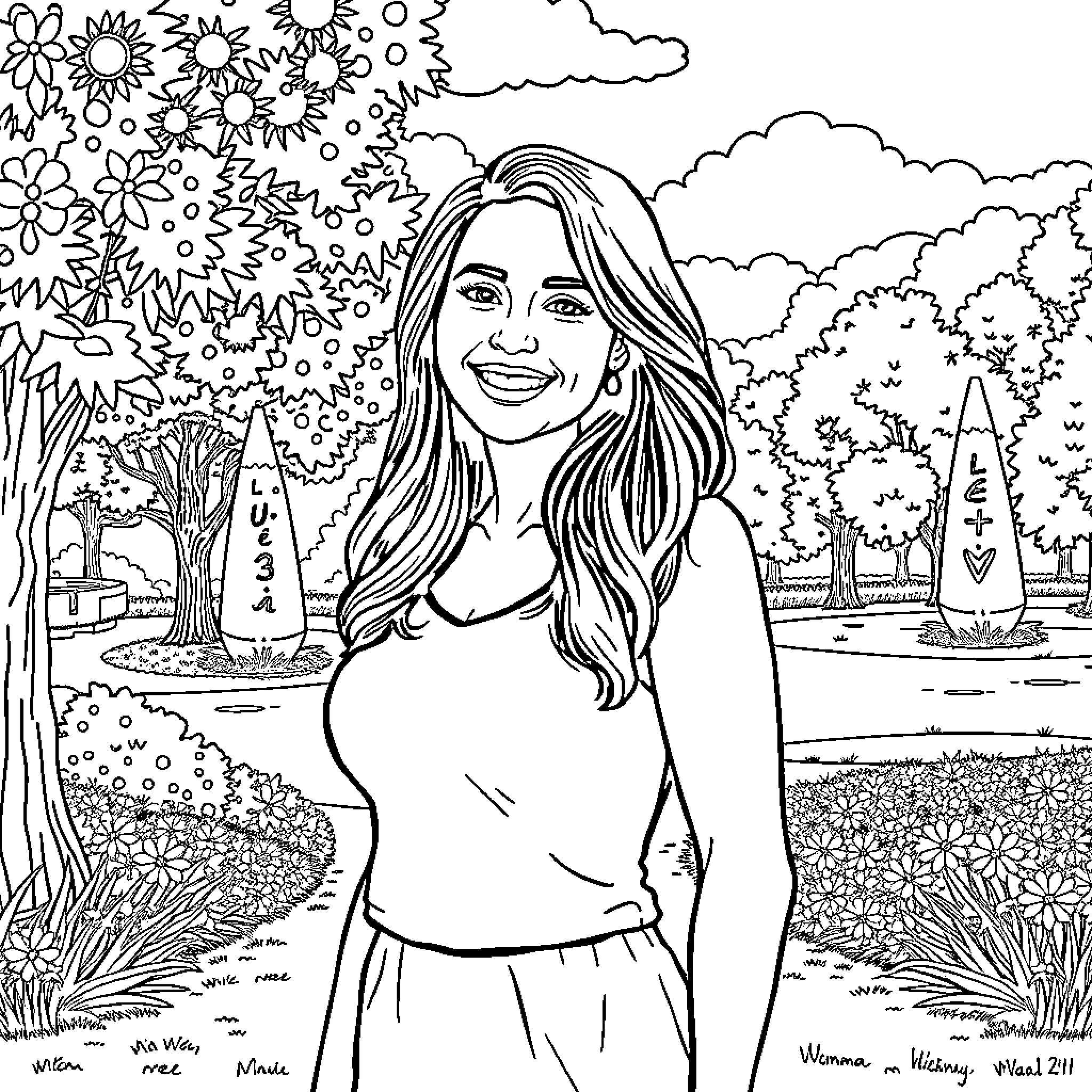 Beauty of a Joyful Woman in Nature Coloring Page (free black-and-white line drawing printable PDF for all, from beginners to advanced learners, including children, teens, adults, and seniors)