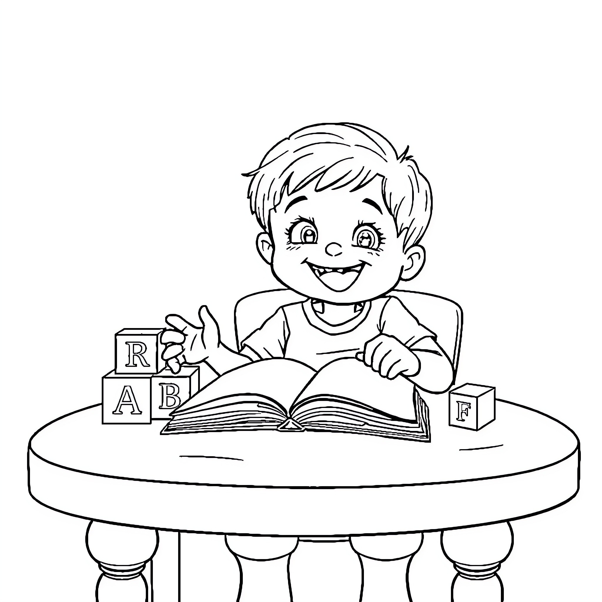 Child happily reading a book on a table Coloring Page (free black-and-white line drawing printable PDF for all, from beginners to advanced learners, including children, teens, adults, and seniors)