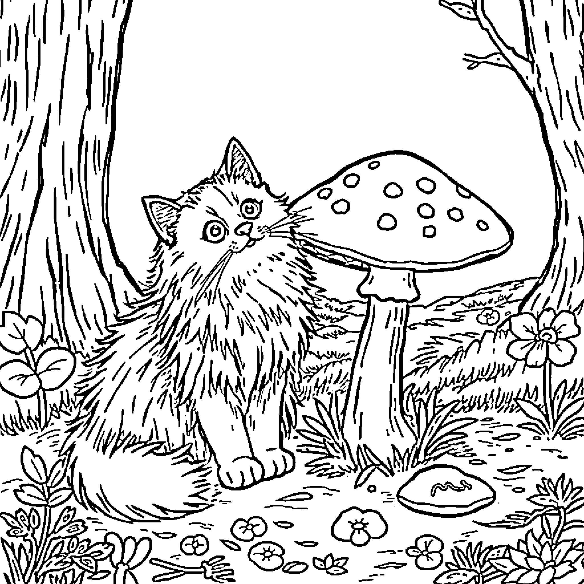 Cat exploring a mushroom-filled forest Coloring Page (free black-and-white line drawing printable PDF for all, from beginners to advanced learners, including children, teens, adults, and seniors)