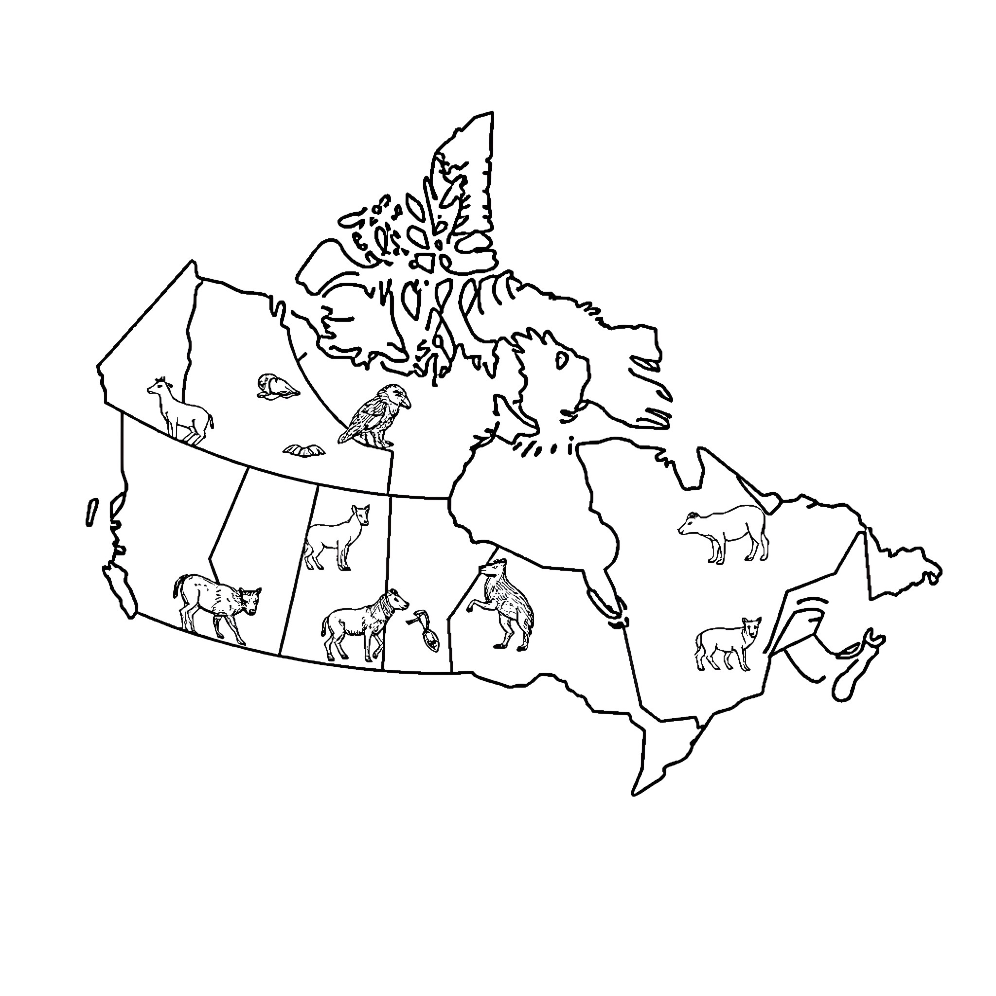 Map of animals across Canada Coloring Page (free black-and-white line drawing printable PDF for all, from beginners to advanced learners, including children, teens, adults, and seniors)
