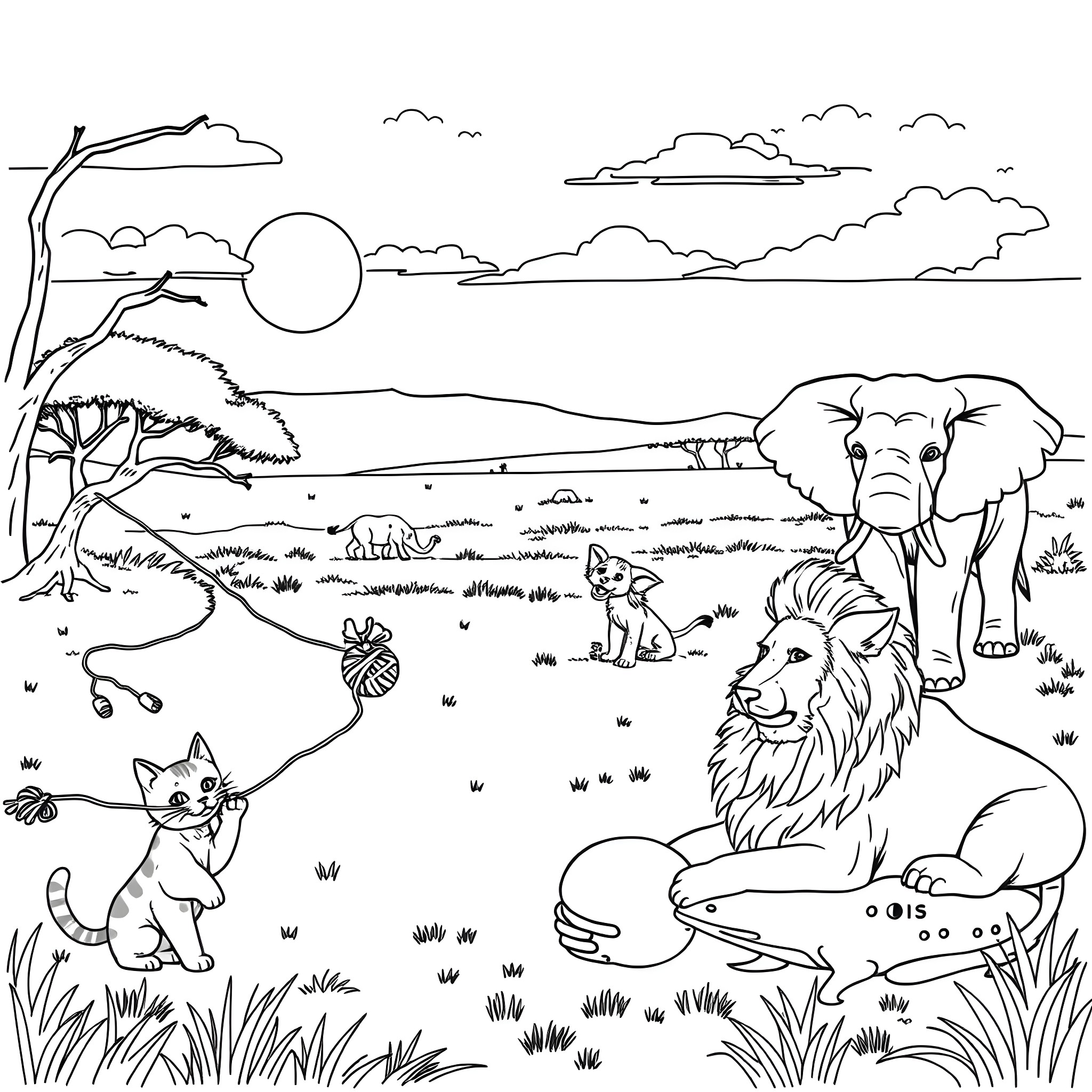 Animal Safari Adventure in the Savanna Coloring Page (free black-and-white line drawing printable PDF for all, from beginners to advanced learners, including children, teens, adults, and seniors)
