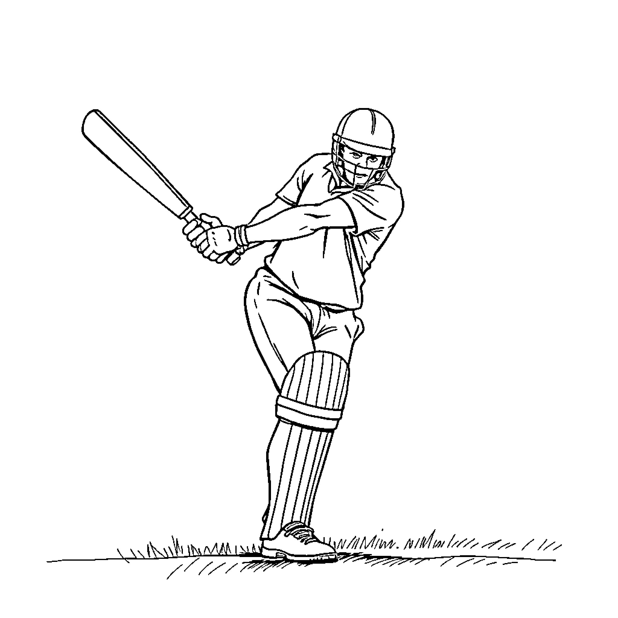 Cricket player batting on the field Coloring Page (free black-and-white line drawing printable PDF for all, from beginners to advanced learners, including children, teens, adults, and seniors)