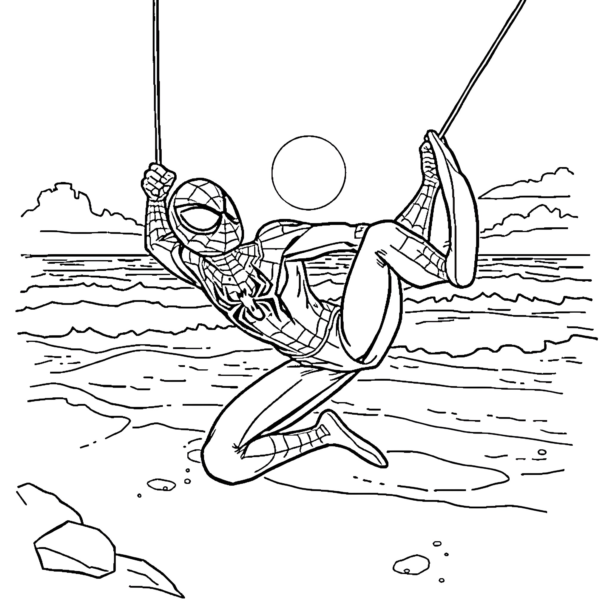 Spiderman surfing the waves with agility Coloring Page (free black-and-white line drawing printable PDF for all, from beginners to advanced learners, including children, teens, adults, and seniors)