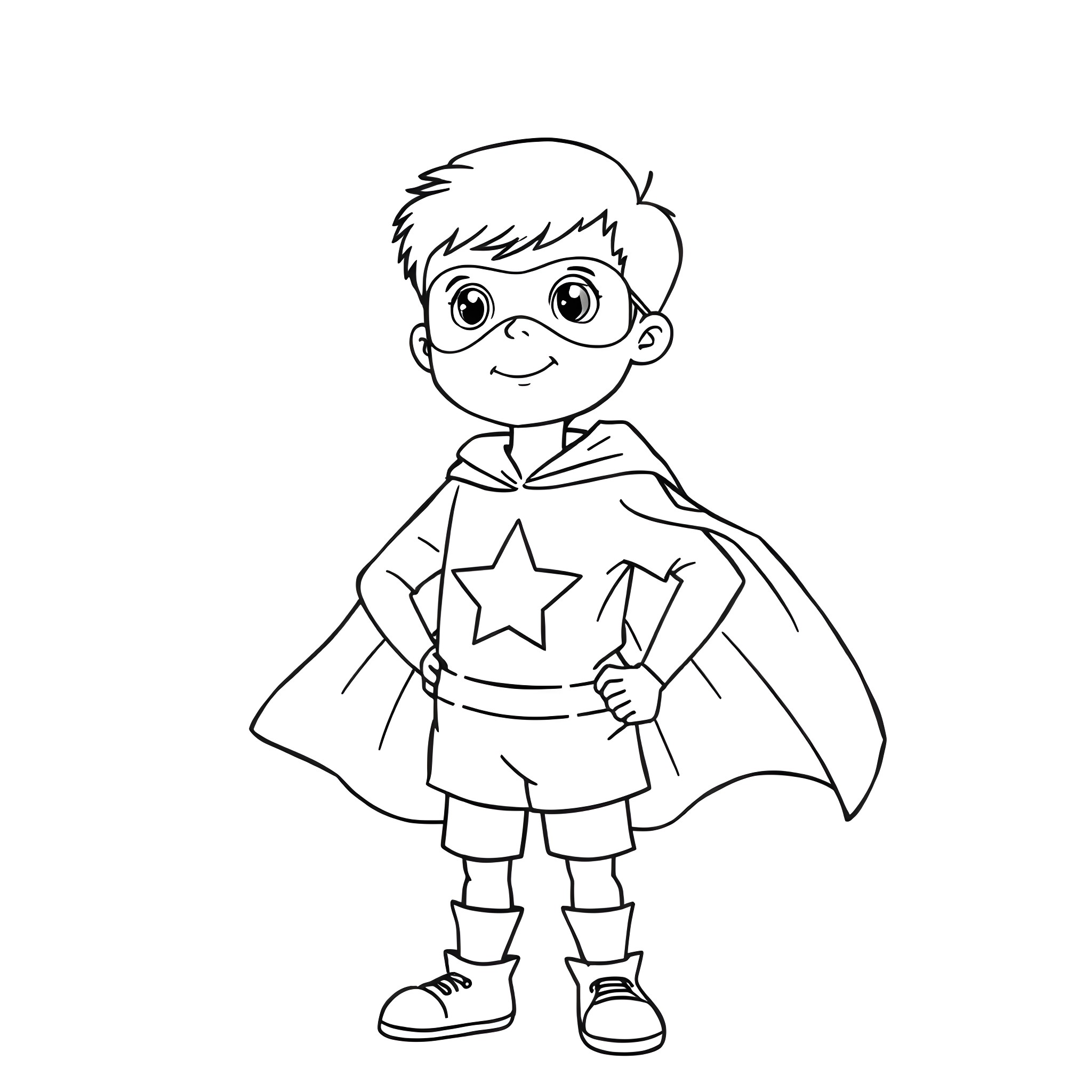 Boy dressed as a superhero Coloring Page (free black-and-white line drawing printable PDF for all, from beginners to advanced learners, including children, teens, adults, and seniors)