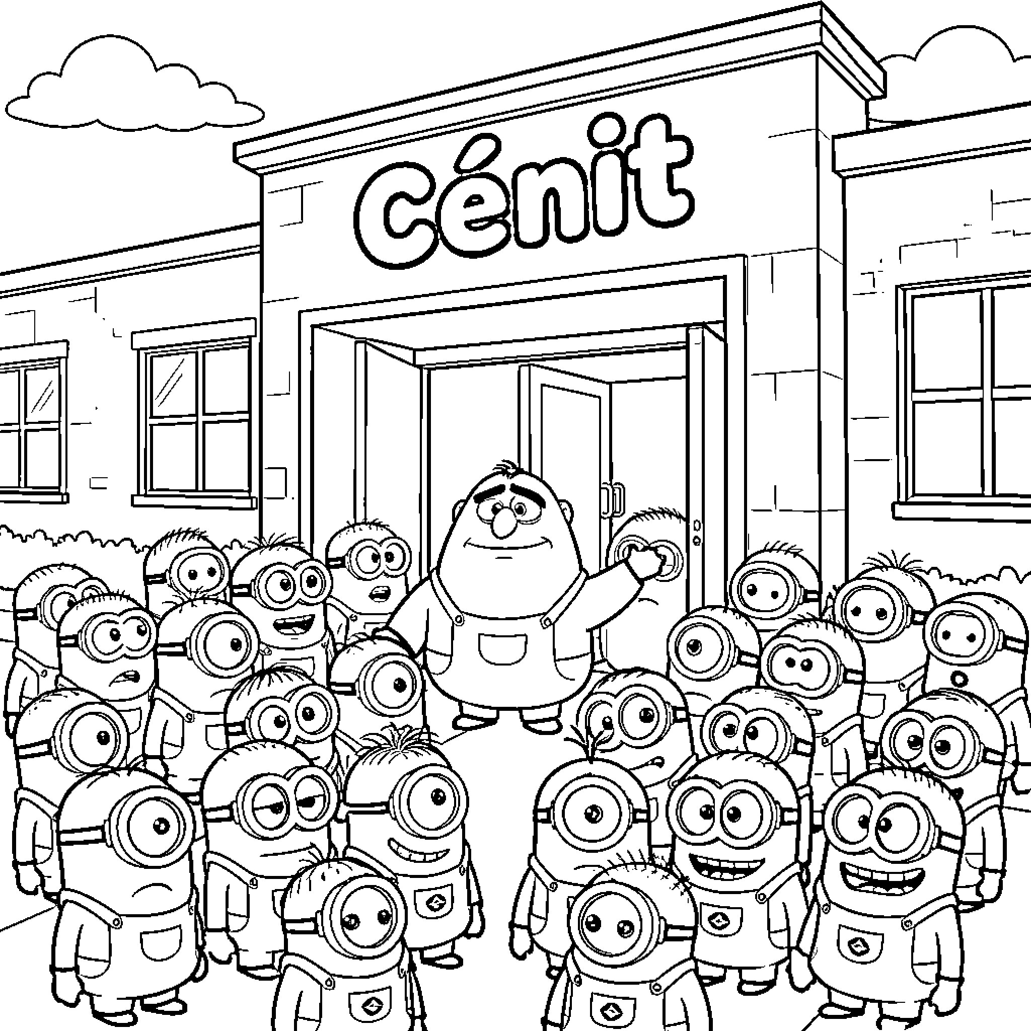 Gru and Minions standing in front of a building Coloring Page (free black-and-white line drawing printable PDF for all, from beginners to advanced learners, including children, teens, adults, and seniors)
