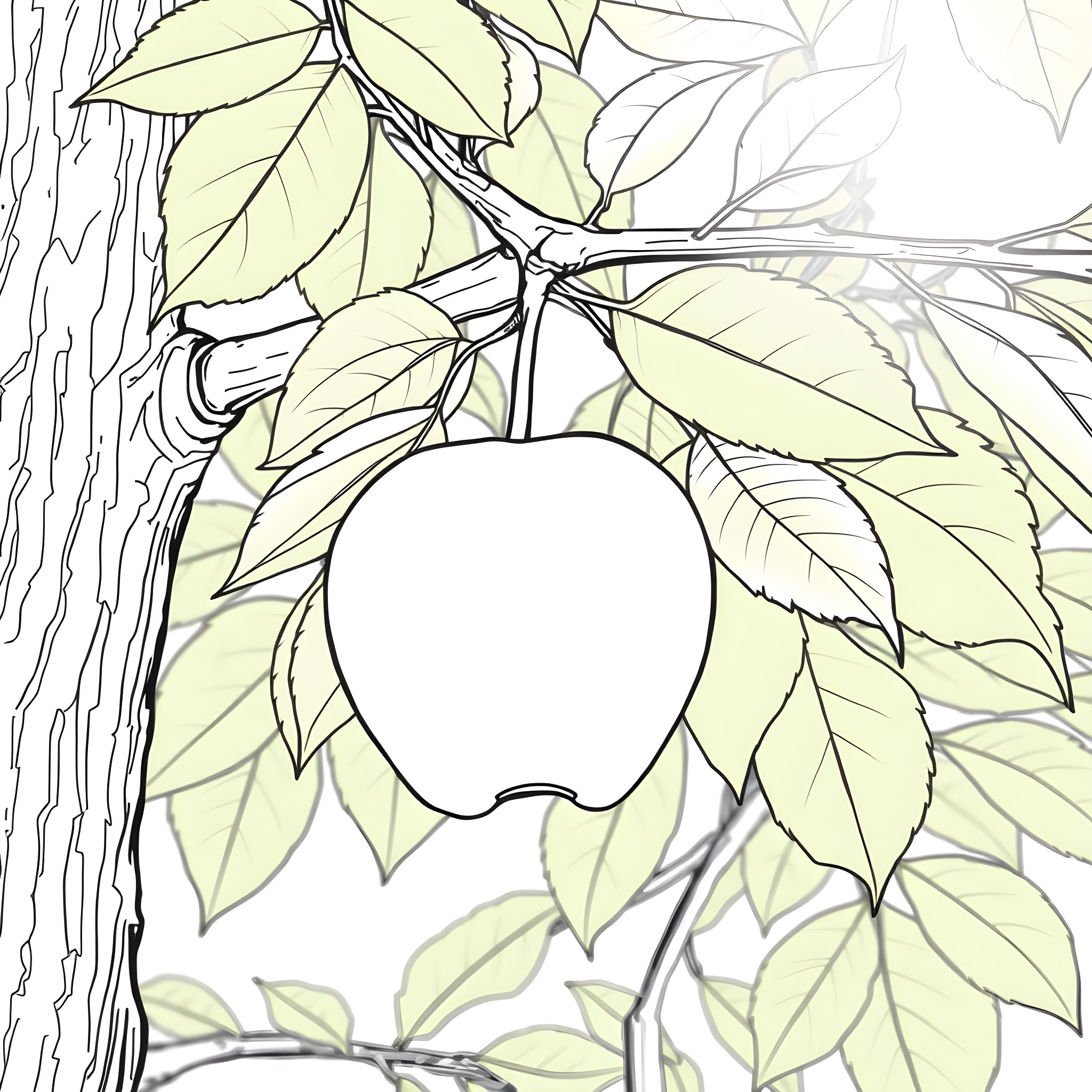 Apple hanging from tree with leaves Coloring Page (free black-and-white line drawing printable PDF for all, from beginners to advanced learners, including children, teens, adults, and seniors)
