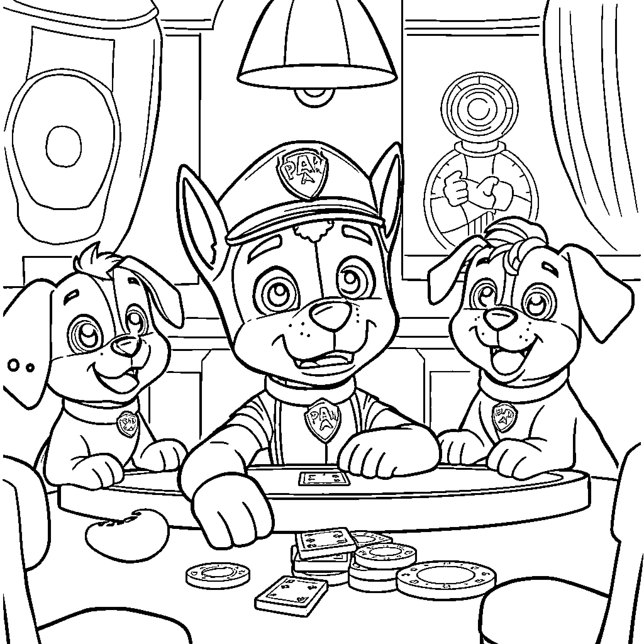 Chase the Pups' Playful Adventures Coloring Page (free black-and-white line drawing printable PDF for all, from beginners to advanced learners, including children, teens, adults, and seniors)