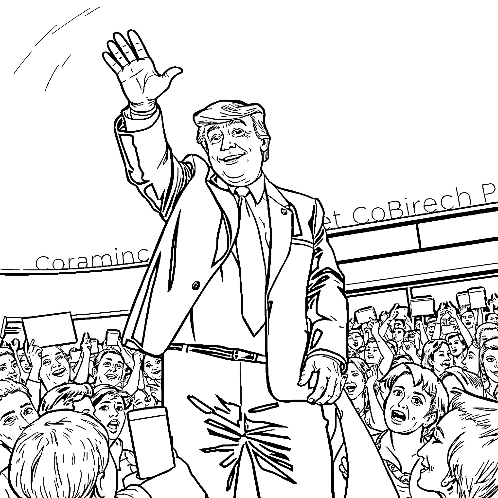 Donald Trump Waving to Adoring Crowd at Rally Coloring Page (free black-and-white line drawing printable PDF for all, from beginners to advanced learners, including children, teens, adults, and seniors)
