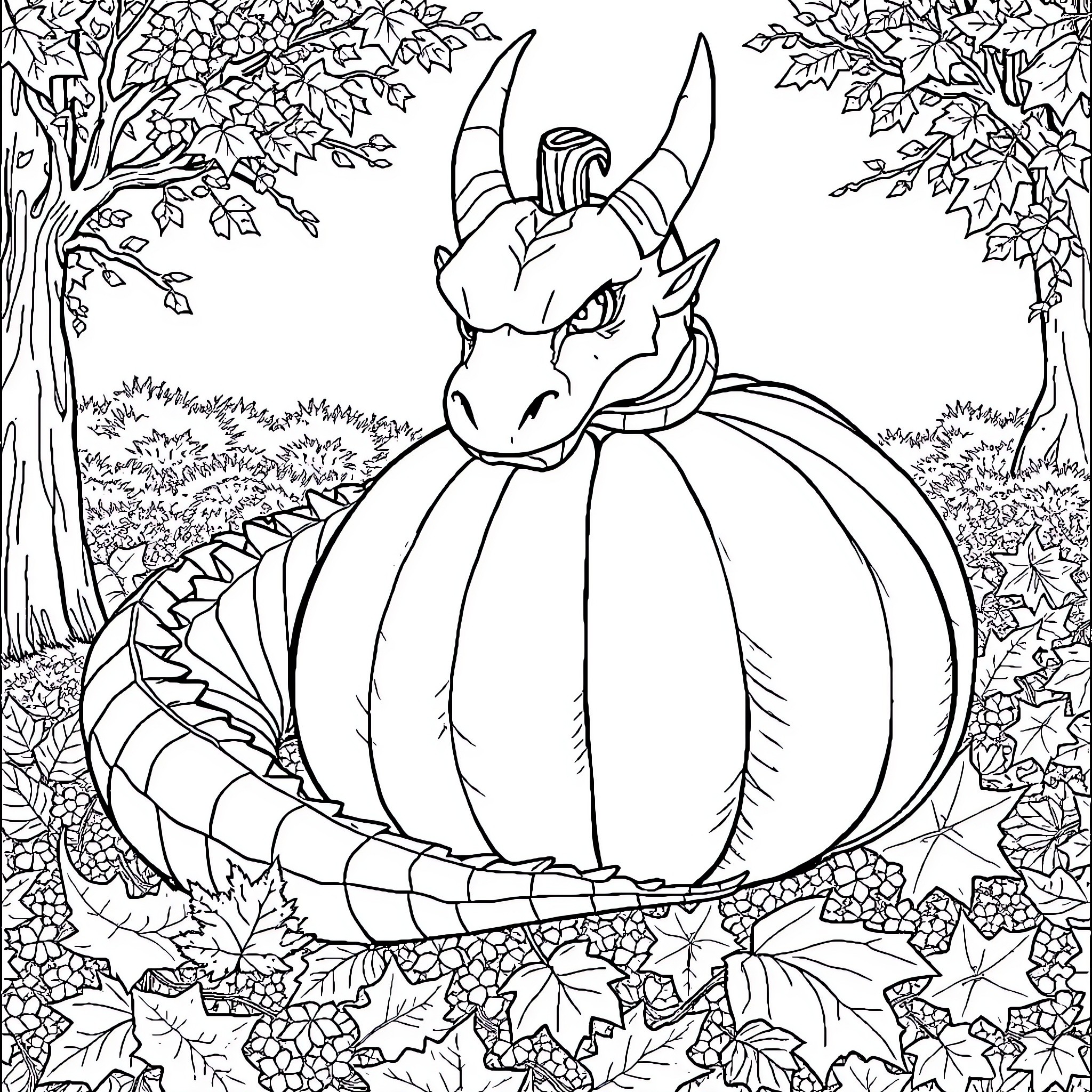Dragon Resting Peacefully in Autumn Foliage Coloring Page (free black-and-white line drawing printable PDF for all, from beginners to advanced learners, including children, teens, adults, and seniors)