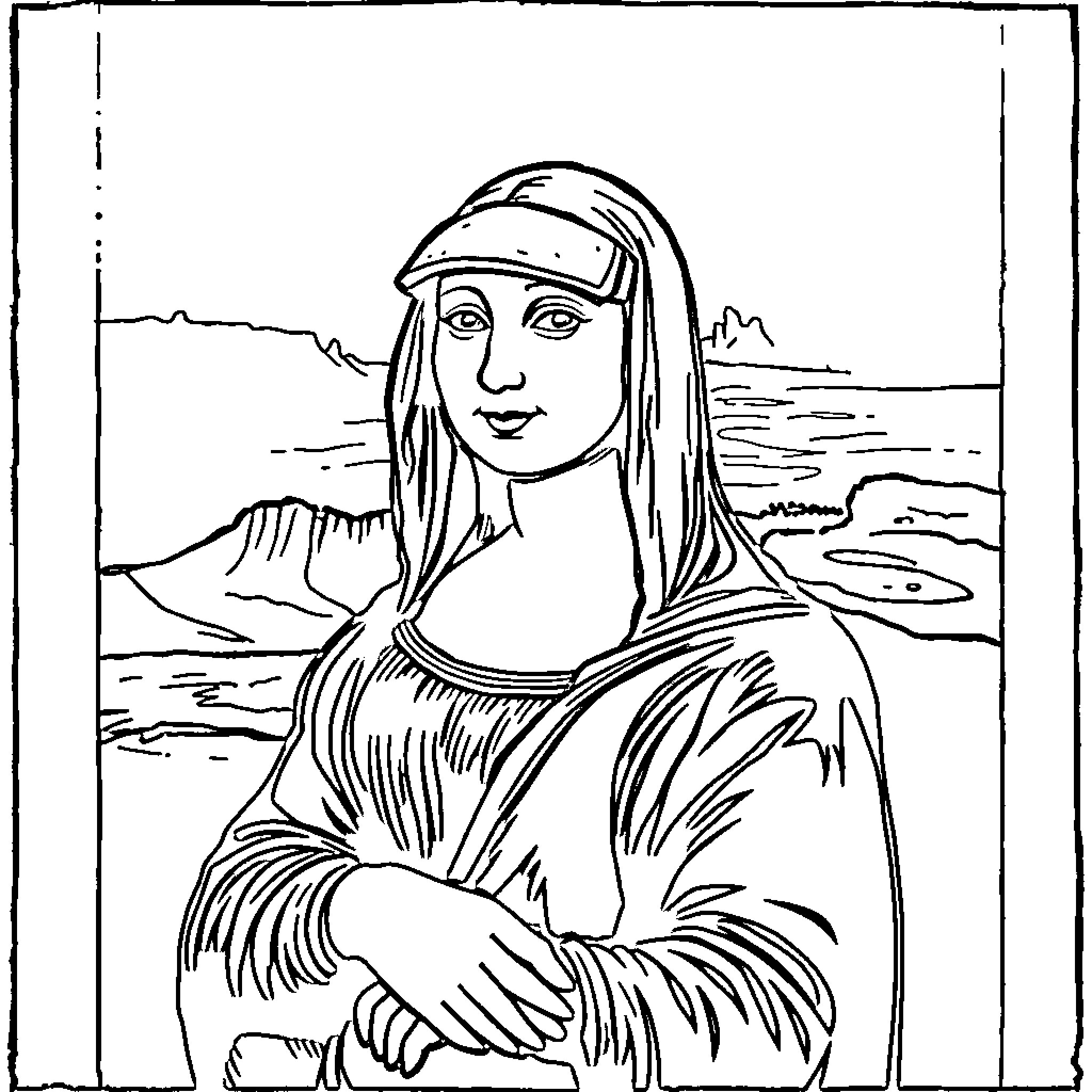 Among Us Character in Mona Lisa Pose Coloring Page (free black-and-white line drawing printable PDF for all, from beginners to advanced learners, including children, teens, adults, and seniors)