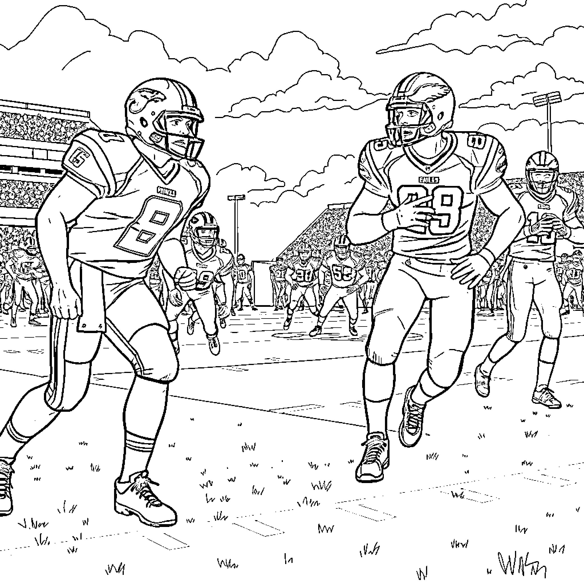 Panther Football Players Competing in Stadium Coloring Page (free black-and-white line drawing printable PDF for all, from beginners to advanced learners, including children, teens, adults, and seniors)