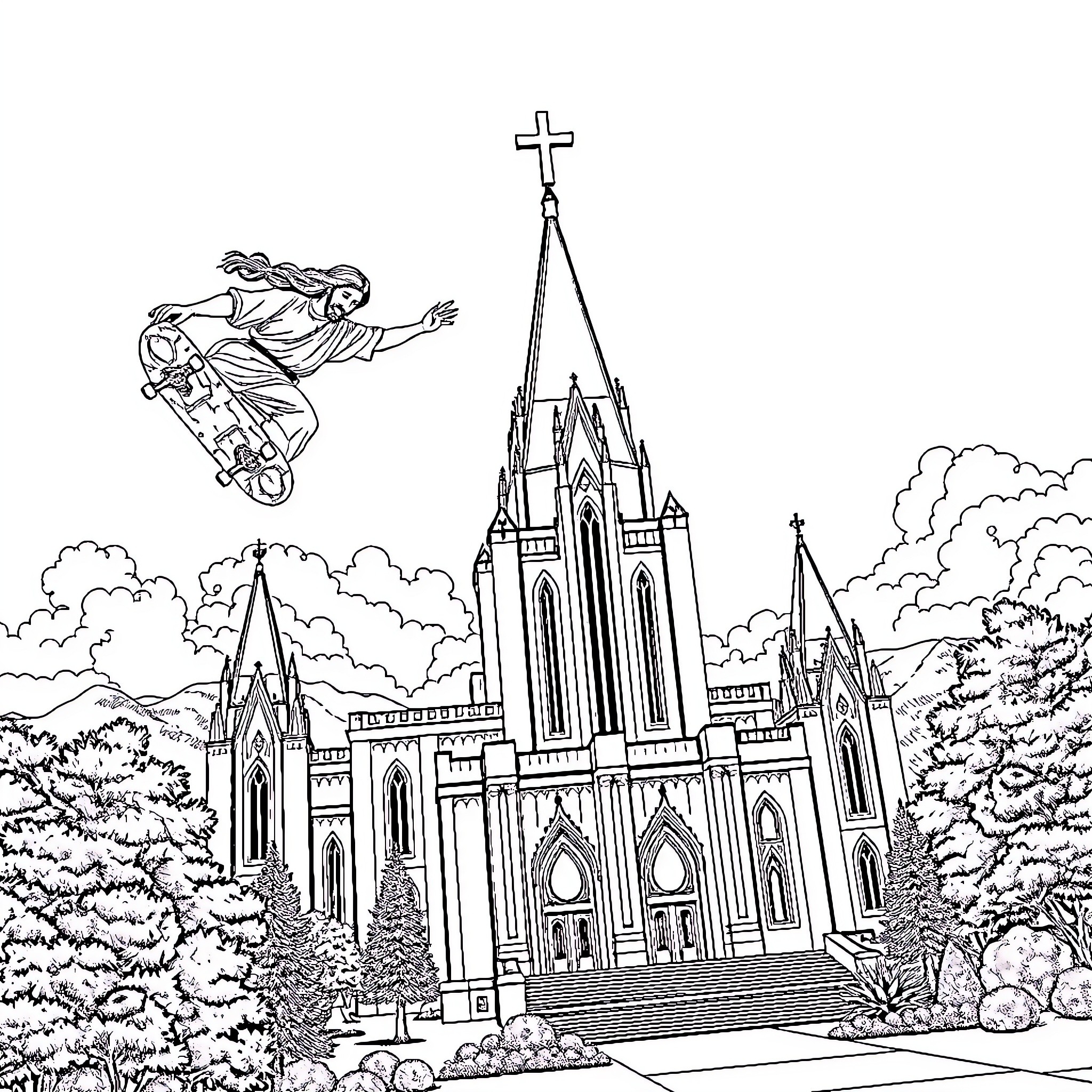 Jesus ascending into the heavenly cathedral Coloring Page (free black-and-white line drawing printable PDF for all, from beginners to advanced learners, including children, teens, adults, and seniors)