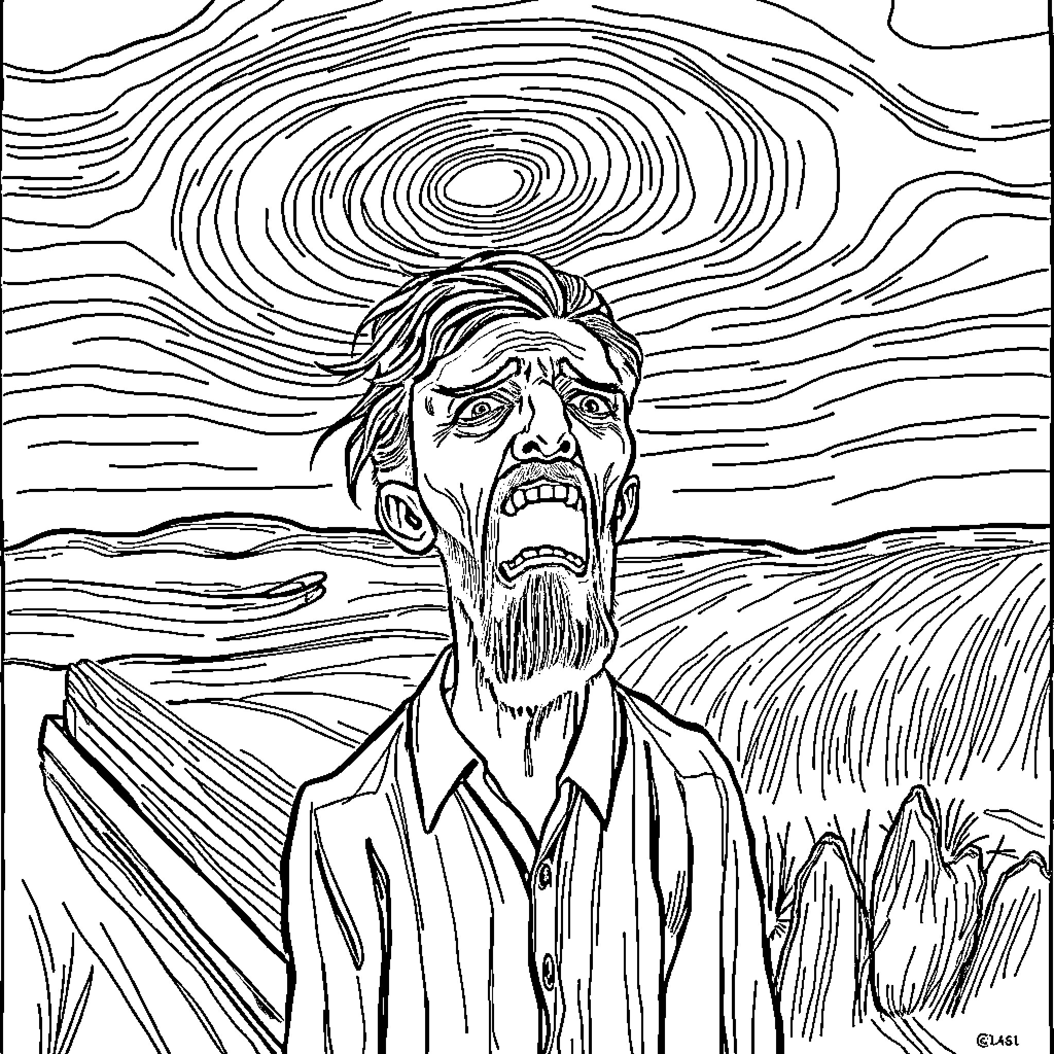 The Scream of a Distressed Man in a Turbulent Landscape Coloring Page (free black-and-white line drawing printable PDF for all, from beginners to advanced learners, including children, teens, adults, and seniors)