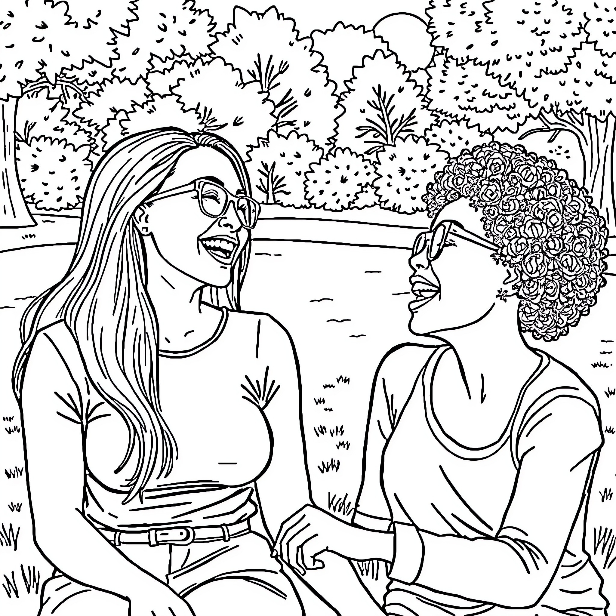 Woman enjoying conversation with friend in nature Coloring Page (free black-and-white line drawing printable PDF for all, from beginners to advanced learners, including children, teens, adults, and seniors)