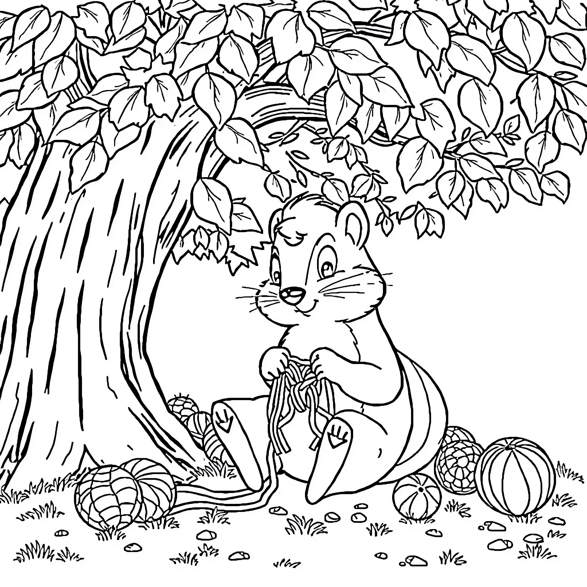 Bob l'éponge in a whimsical forest scene Coloring Page (free black-and-white line drawing printable PDF for all, from beginners to advanced learners, including children, teens, adults, and seniors)