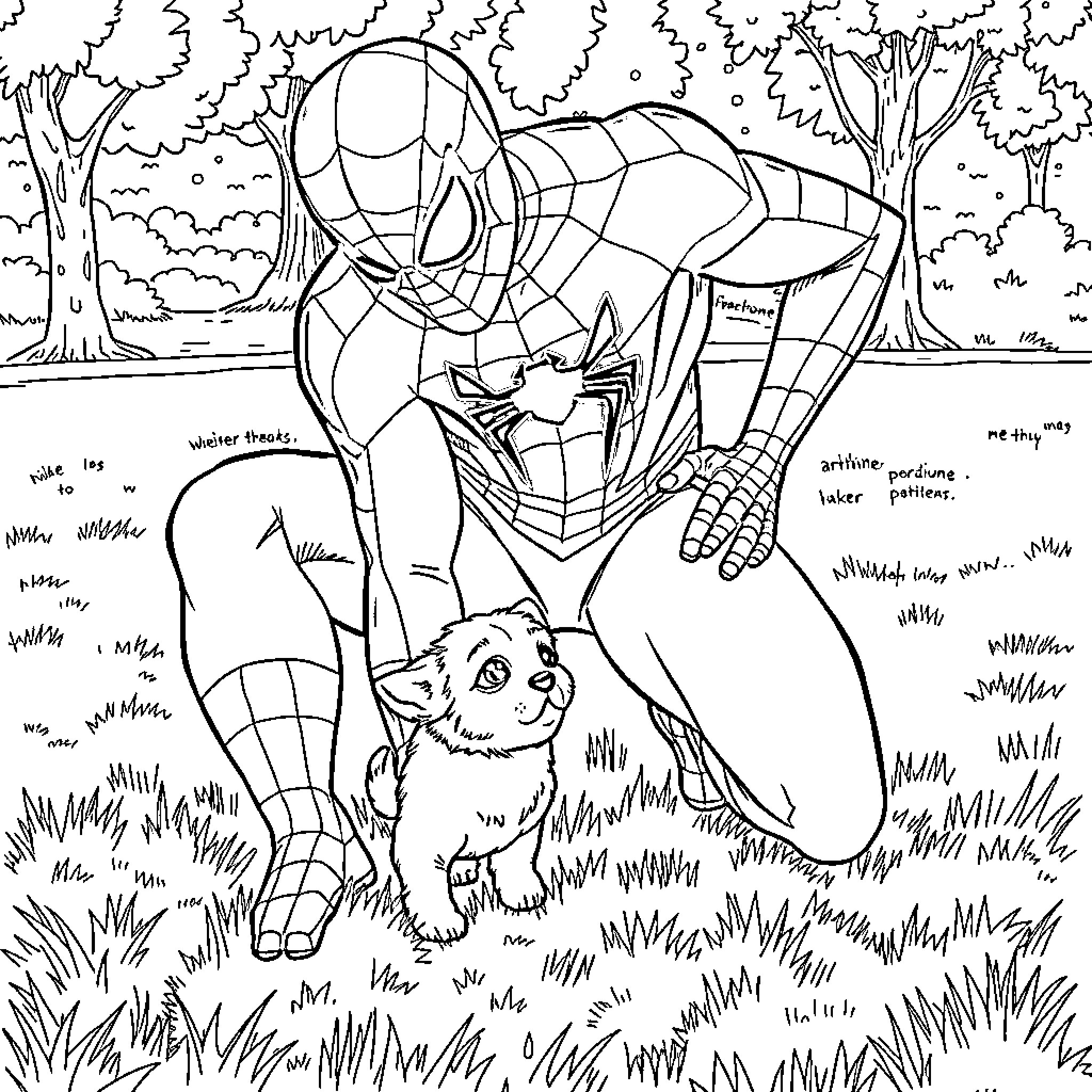 Spider-Man encounters a friendly creature in nature Coloring Page (free black-and-white line drawing printable PDF for all, from beginners to advanced learners, including children, teens, adults, and seniors)