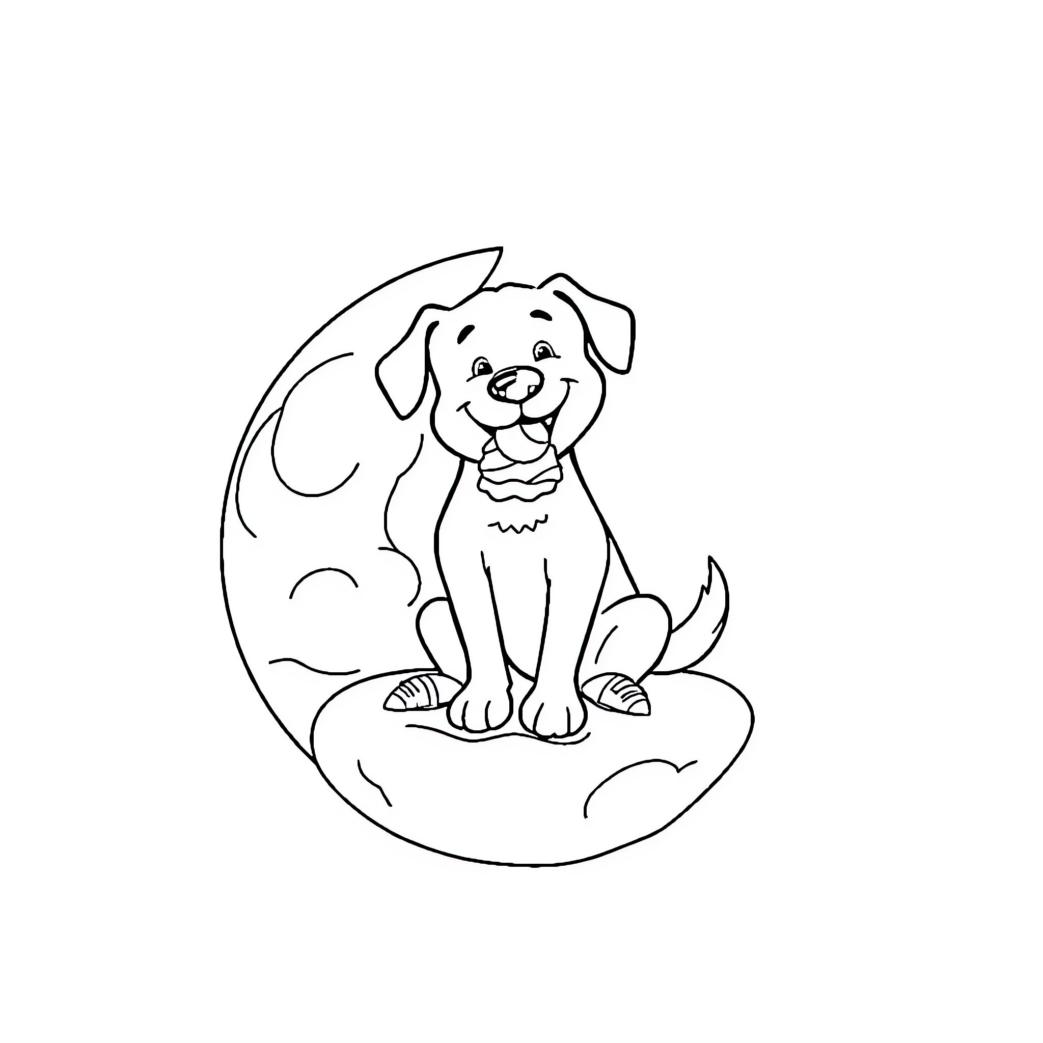 Dog sitting happily on crescent moon Coloring Page (free black-and-white line drawing printable PDF for all, from beginners to advanced learners, including children, teens, adults, and seniors)
