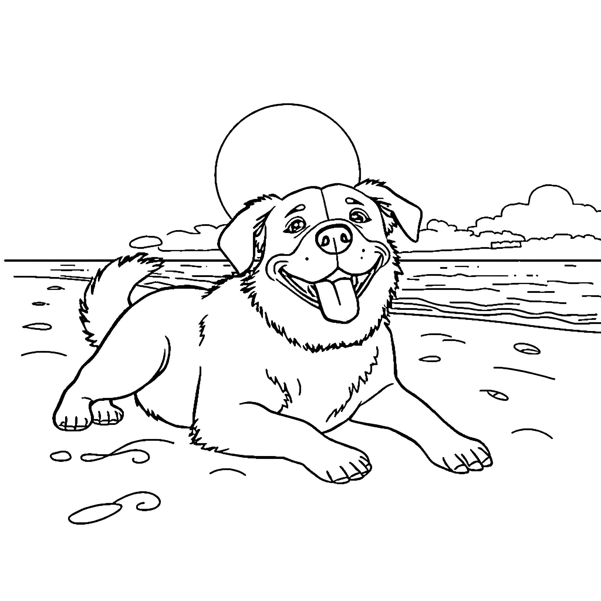 Dog enjoying the beach on a sunny day Coloring Page (free black-and-white line drawing printable PDF for all, from beginners to advanced learners, including children, teens, adults, and seniors)