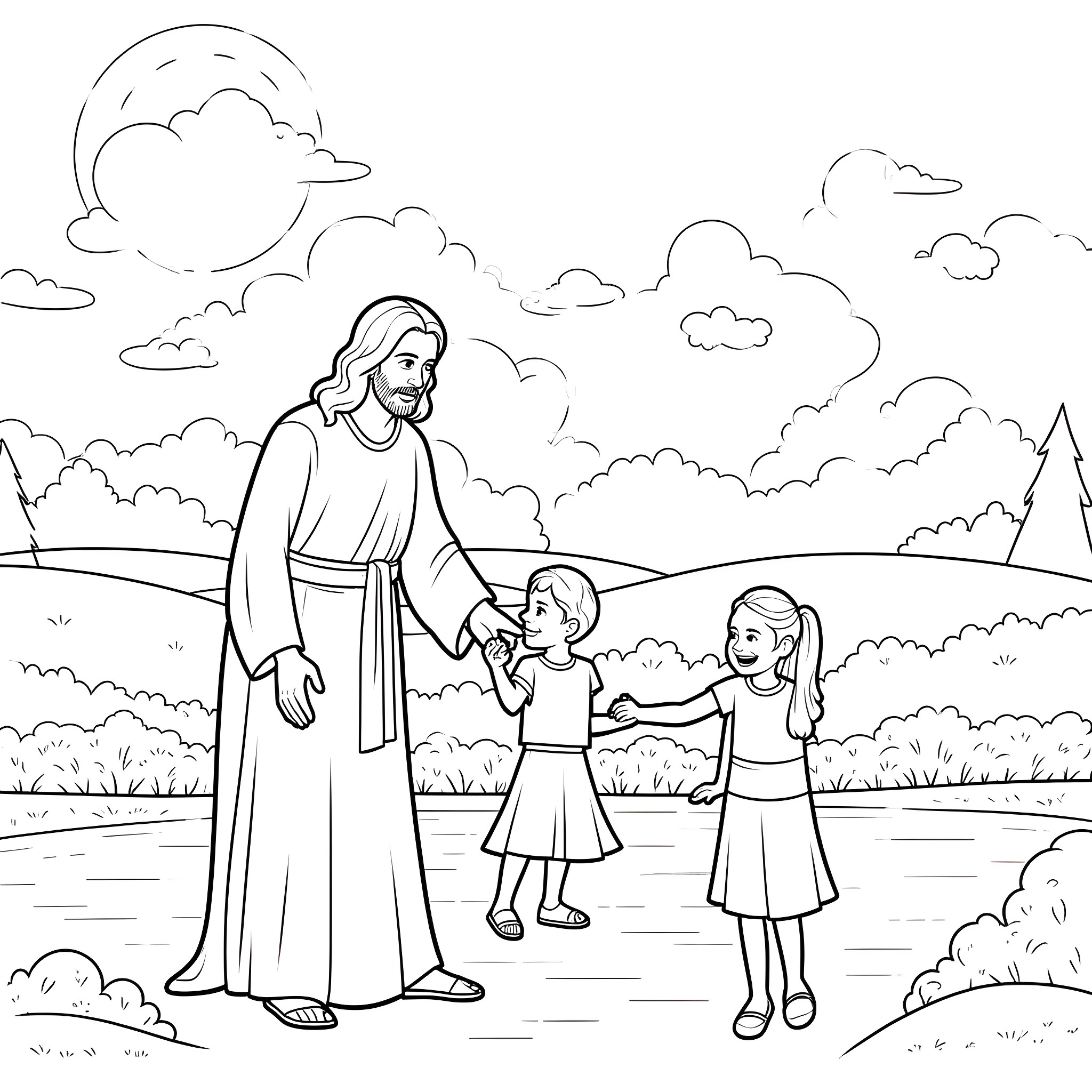Jesus walks with children in a peaceful countryside Coloring Page (free black-and-white line drawing printable PDF for all, from beginners to advanced learners, including children, teens, adults, and seniors)