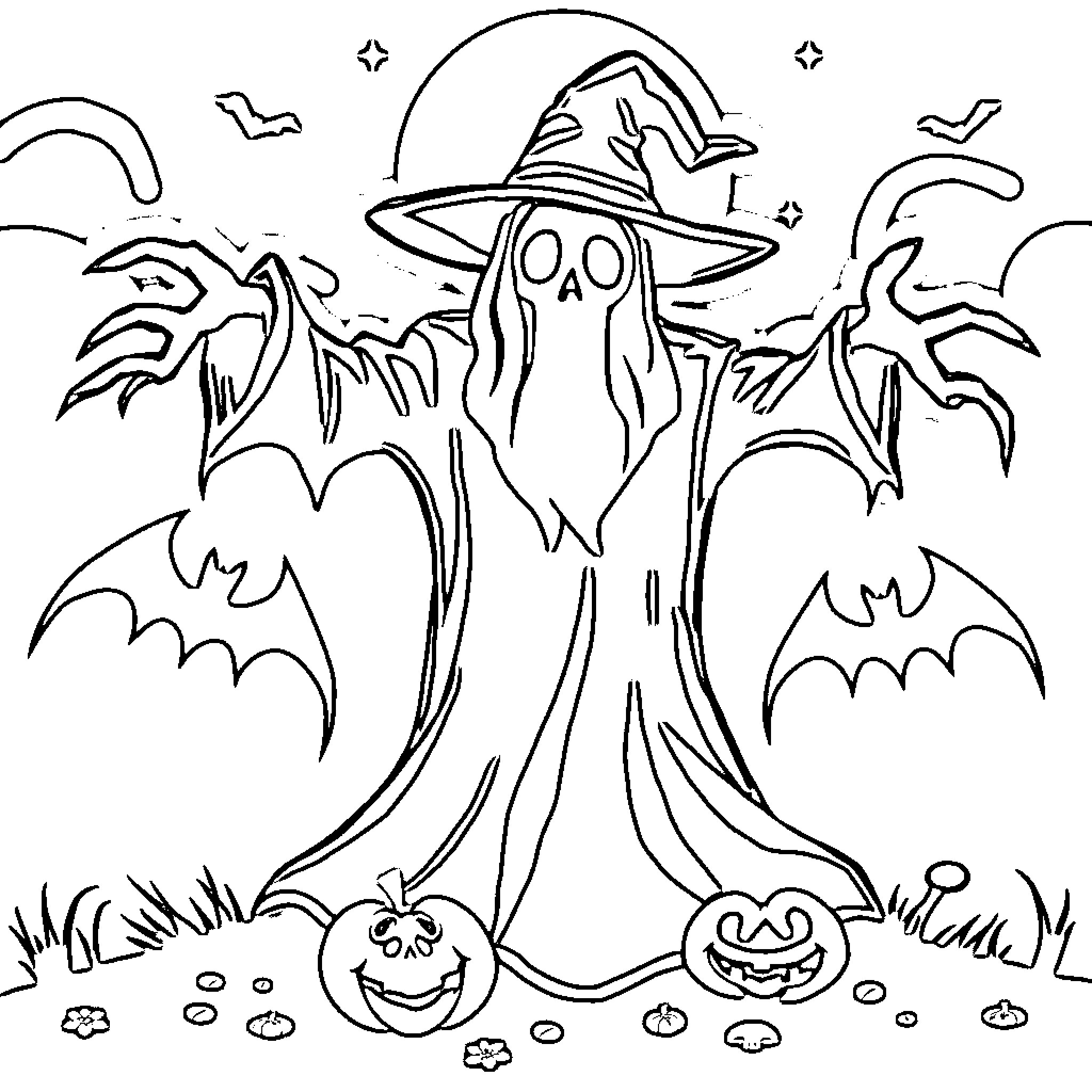 Ghost with Spooky Halloween Decor Coloring Page (free black-and-white line drawing printable PDF for all, from beginners to advanced learners, including children, teens, adults, and seniors)