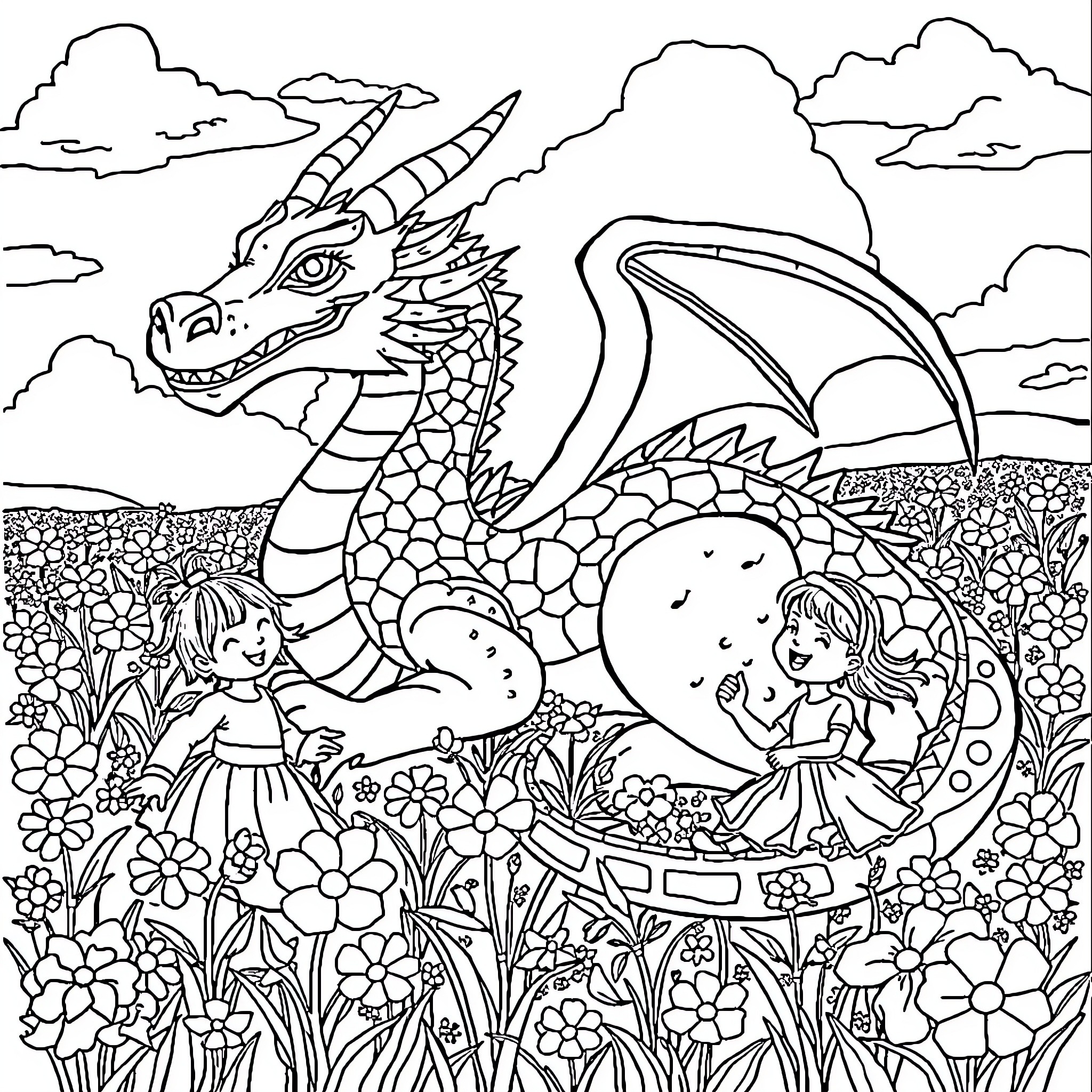 Dragon playing with children in a magical meadow Coloring Page (free black-and-white line drawing printable PDF for all, from beginners to advanced learners, including children, teens, adults, and seniors)