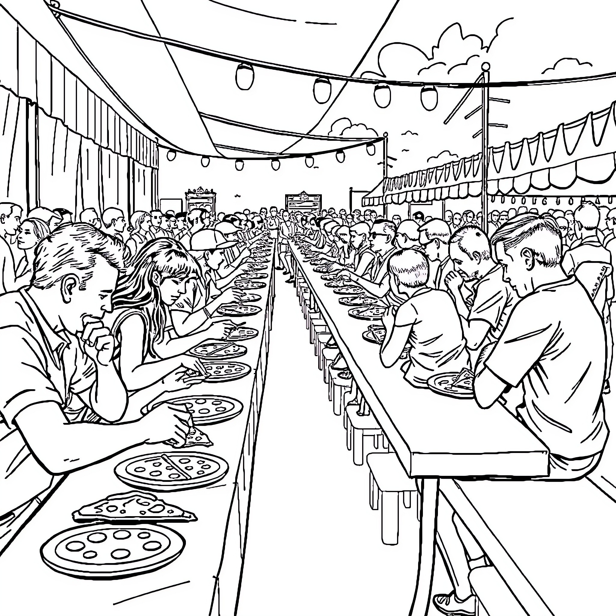 Pizza Festival Celebration with Lively Crowd Coloring Page (free black-and-white line drawing printable PDF for all, from beginners to advanced learners, including children, teens, adults, and seniors)