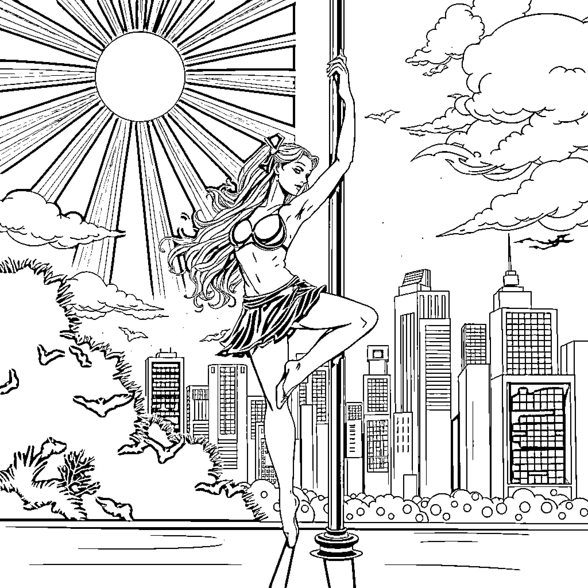 Pole Dancer Performing Graceful Acrobatics in the City Coloring Page (free black-and-white line drawing printable PDF for all, from beginners to advanced learners, including children, teens, adults, and seniors)