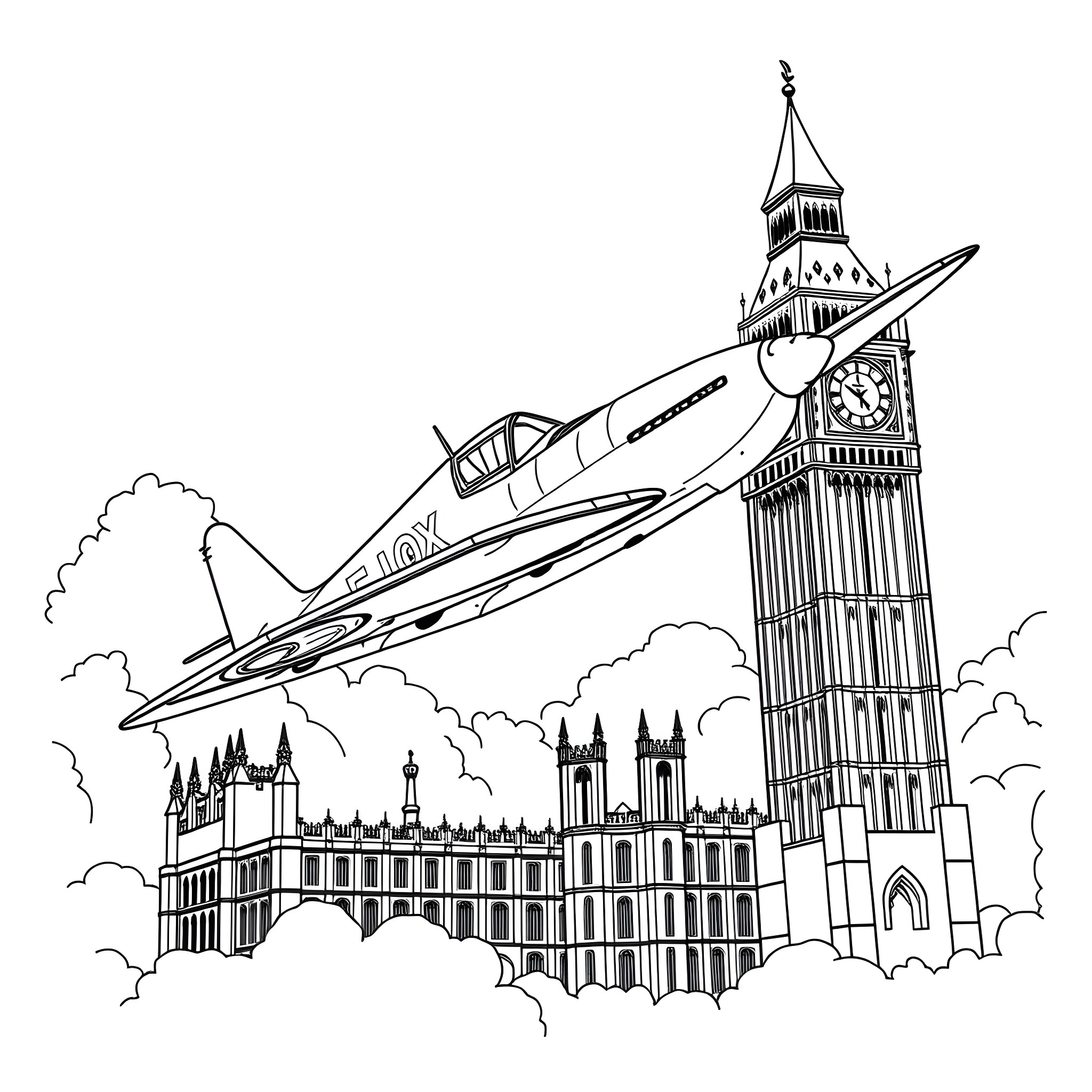 Spitfire soaring over iconic London landmarks Coloring Page (free black-and-white line drawing printable PDF for all, from beginners to advanced learners, including children, teens, adults, and seniors)