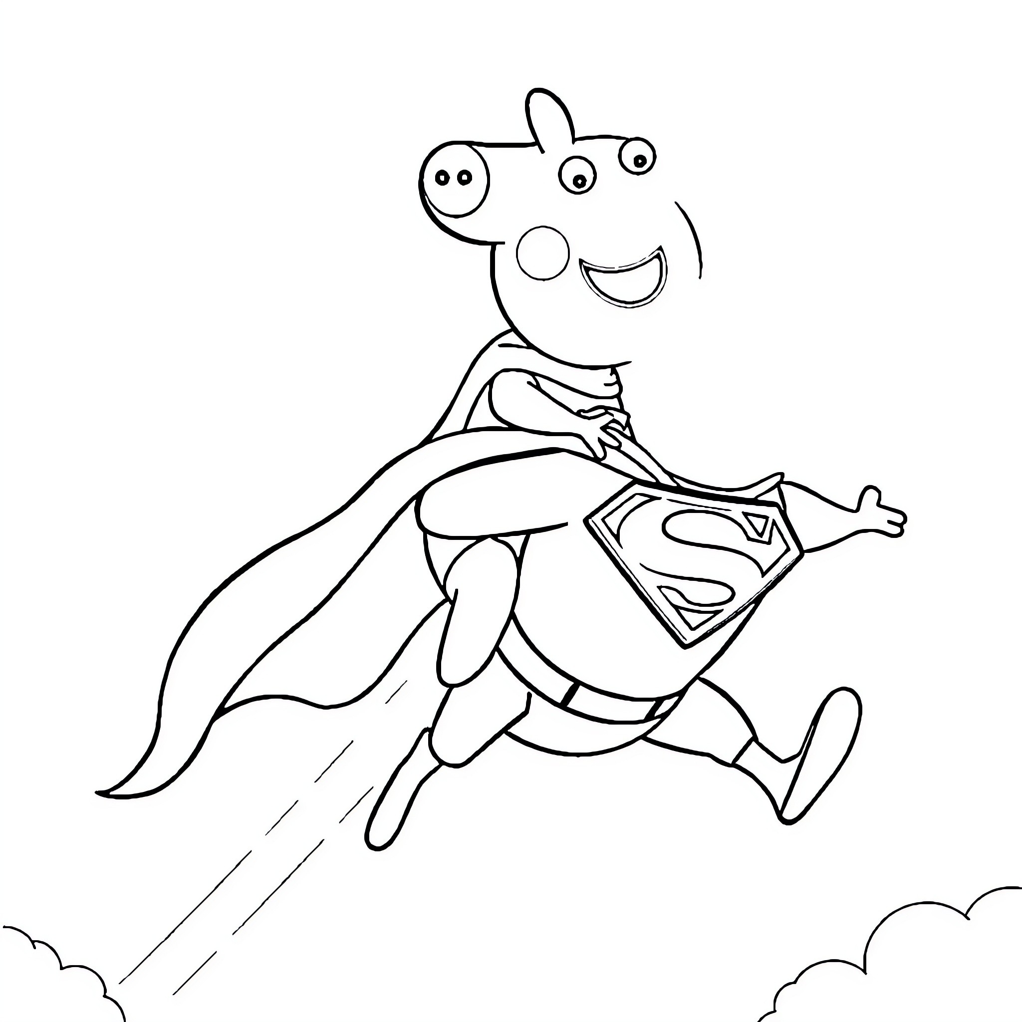 Peppa Pig as a Superhero in Flight Coloring Page (free black-and-white line drawing printable PDF for all, from beginners to advanced learners, including children, teens, adults, and seniors)