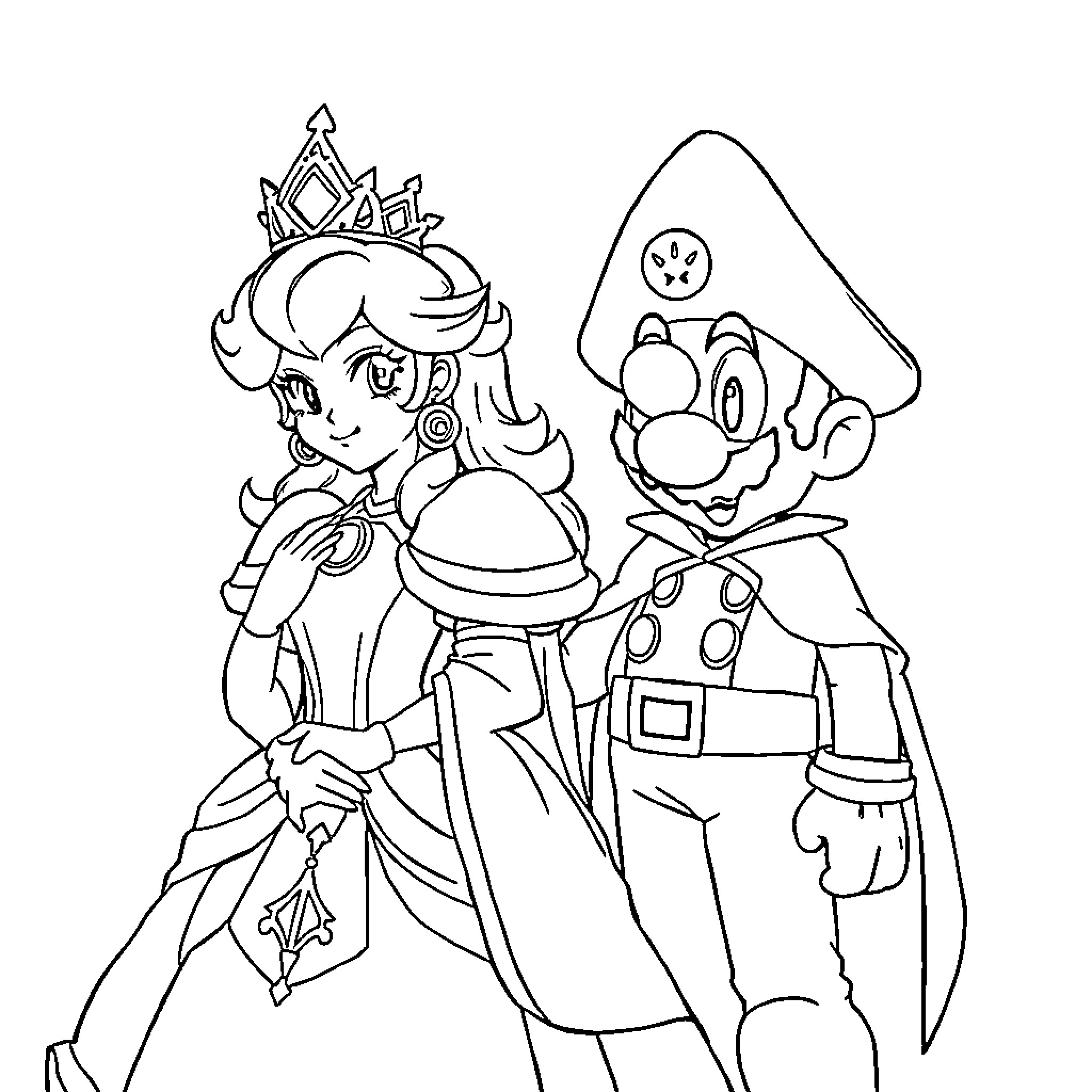 Princess Peach and Toad on an adventure Coloring Page (free black-and-white line drawing printable PDF for all, from beginners to advanced learners, including children, teens, adults, and seniors)