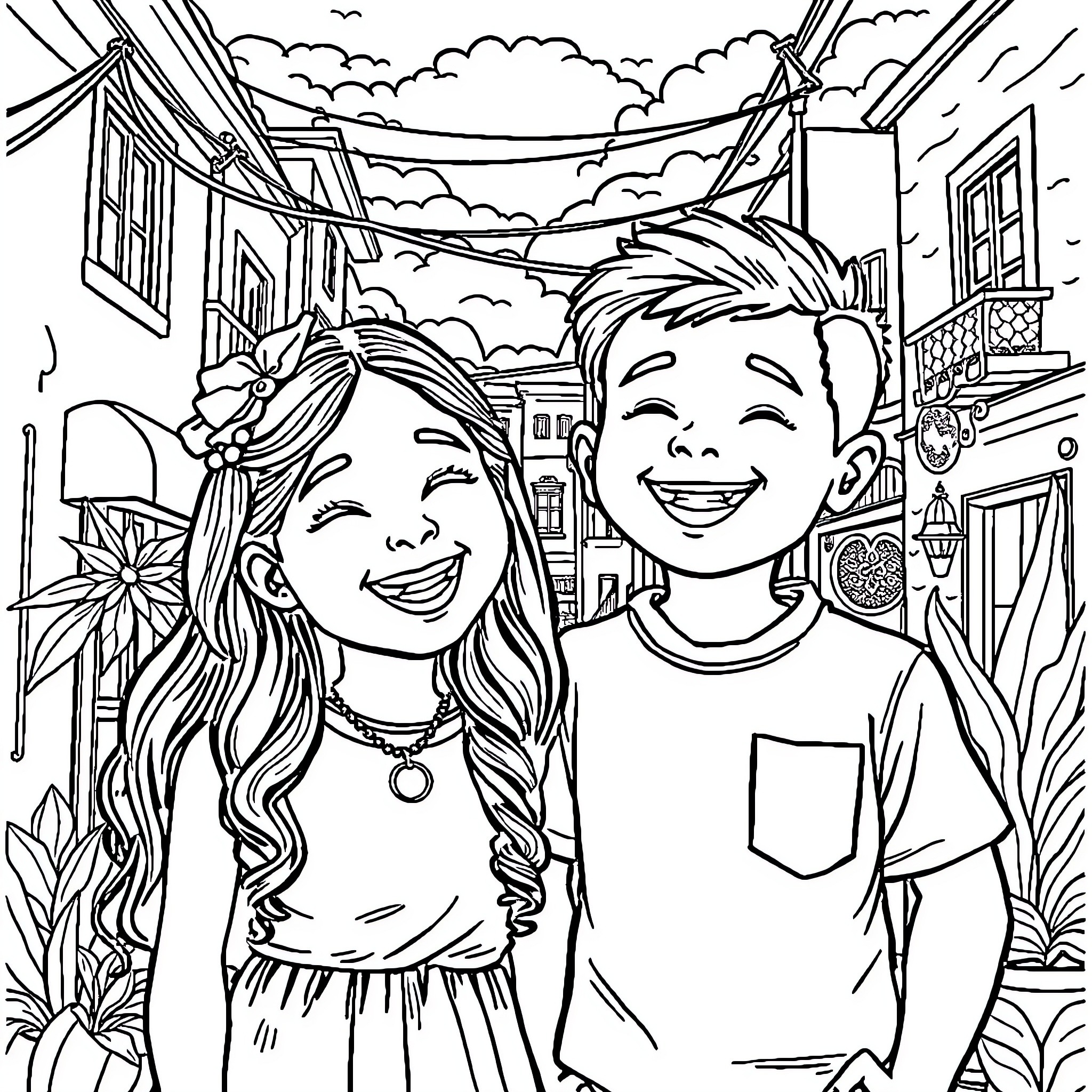 Chicano Friends Enjoying the Neighborhood Coloring Page (free black-and-white line drawing printable PDF for all, from beginners to advanced learners, including children, teens, adults, and seniors)