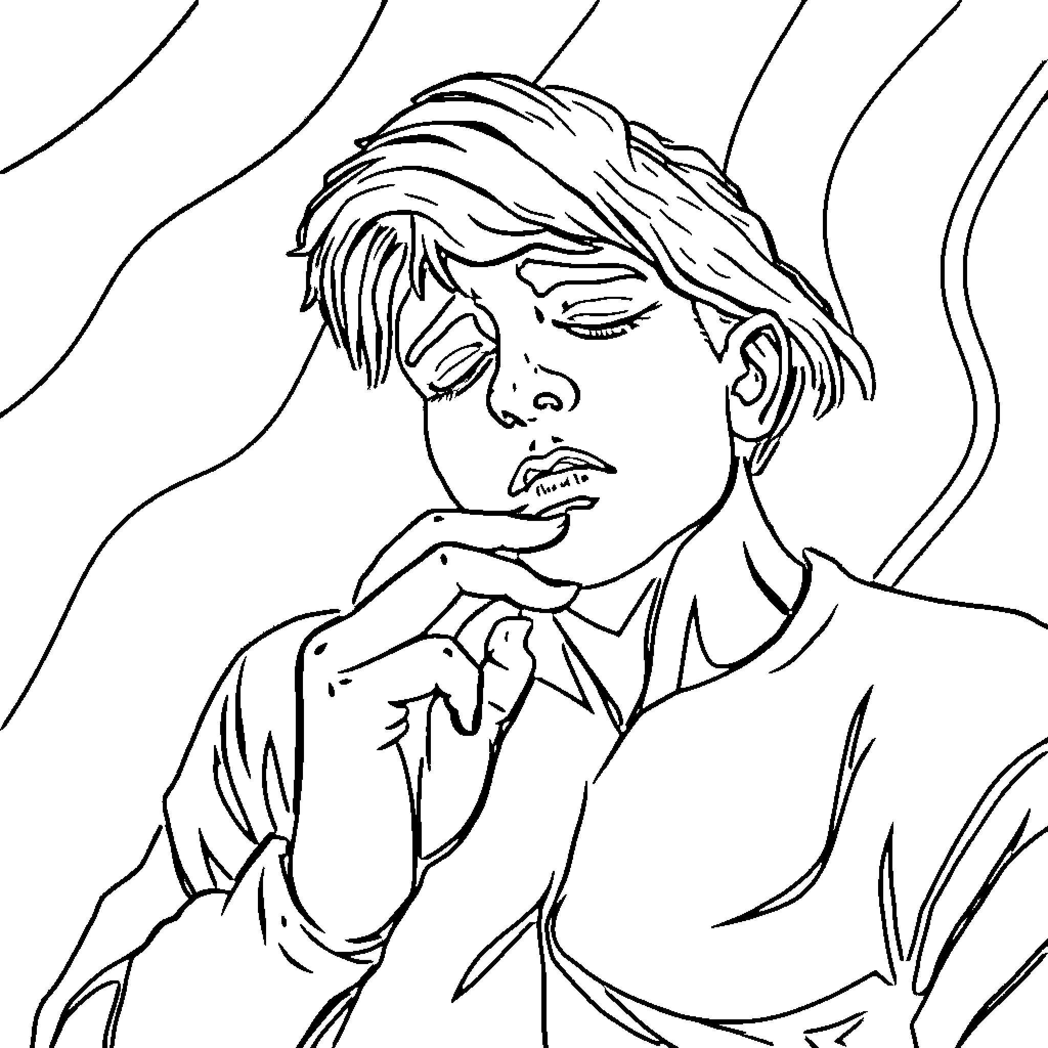 Anxiety Expressed Through a Pensive Youth Coloring Page (free black-and-white line drawing printable PDF for all, from beginners to advanced learners, including children, teens, adults, and seniors)