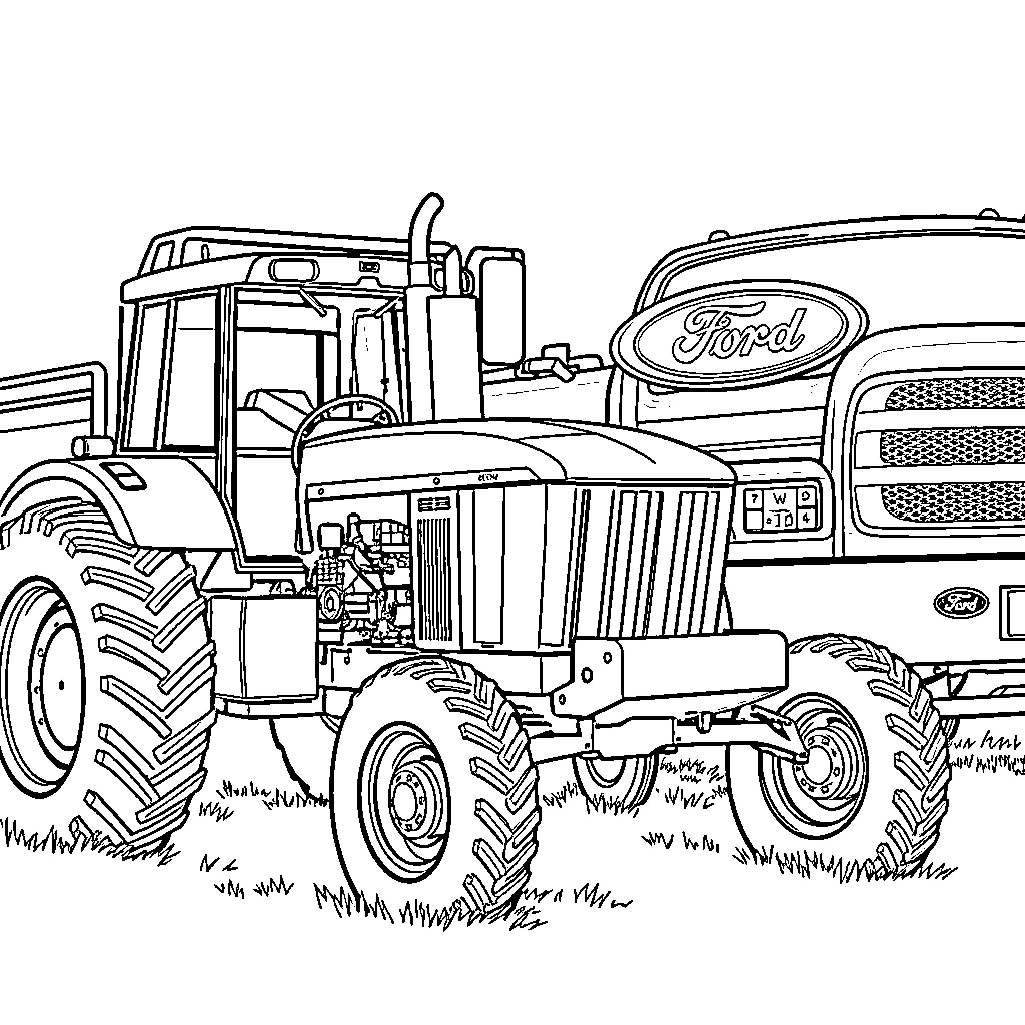 Tractor plowing the field with Ford branding Coloring Page (free black-and-white line drawing printable PDF for all, from beginners to advanced learners, including children, teens, adults, and seniors)