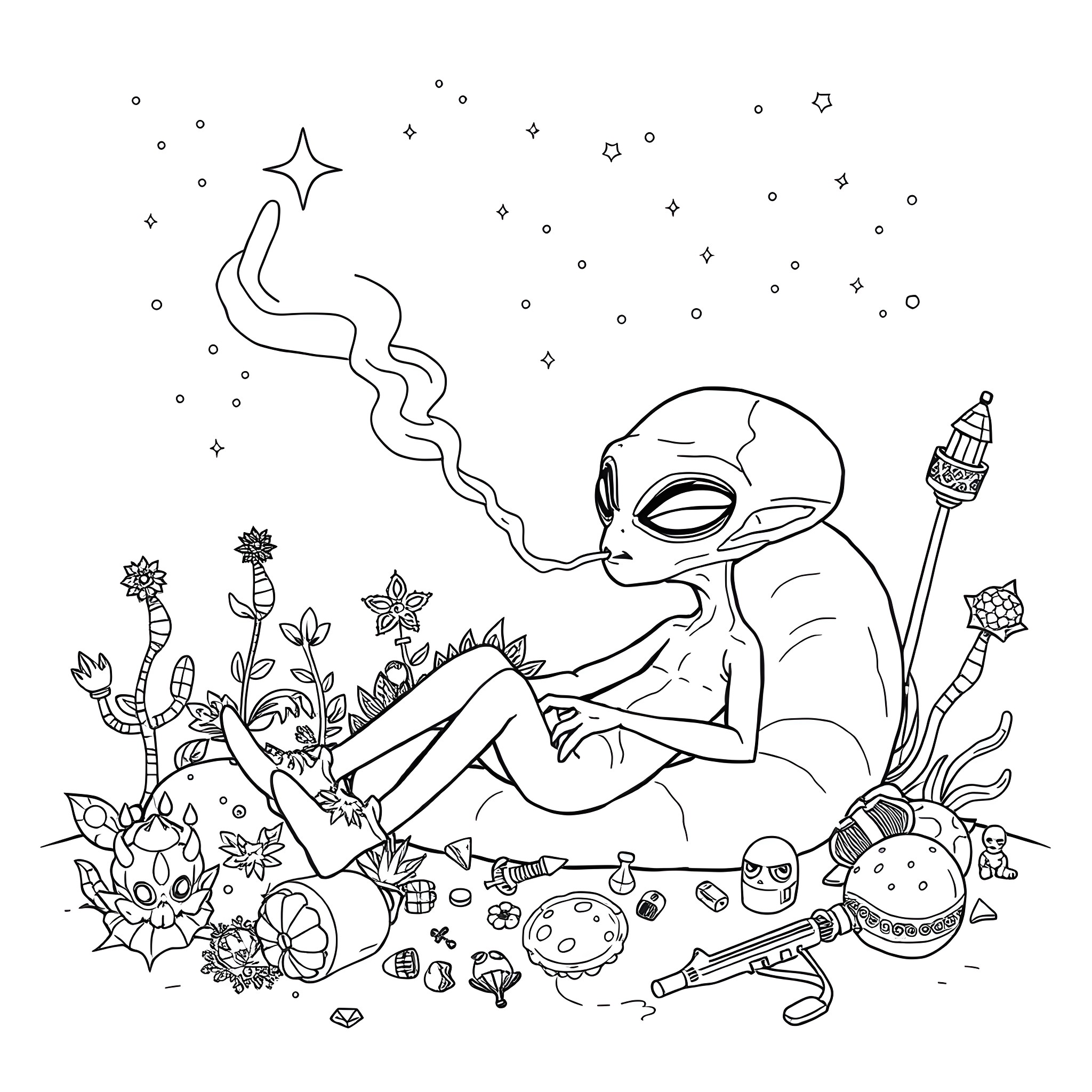 Alien enjoying a cosmic picnic among the stars Coloring Page (free black-and-white line drawing printable PDF for all, from beginners to advanced learners, including children, teens, adults, and seniors)