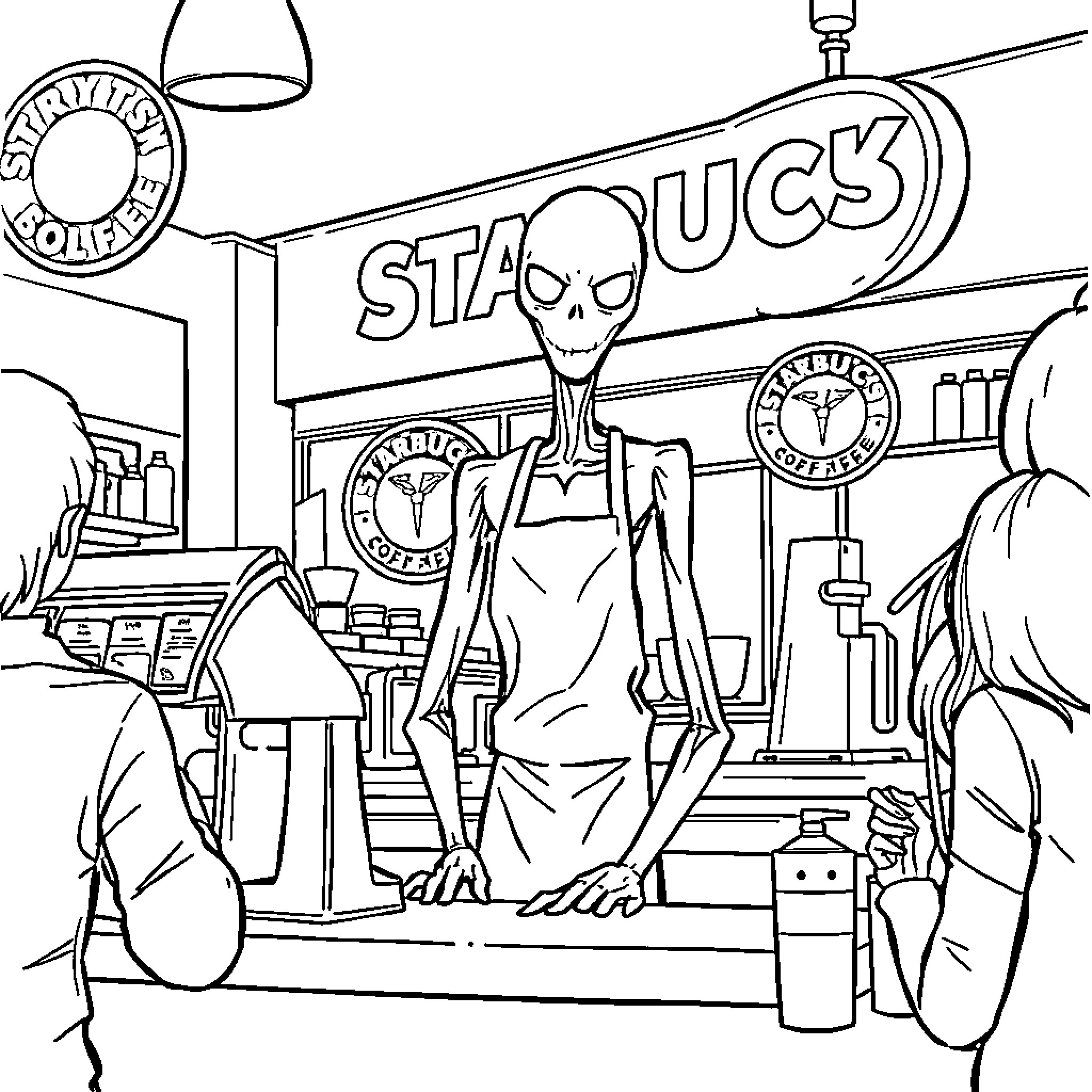 Slenderman Haunts Starbucks Coffee Shop Coloring Page (free black-and-white line drawing printable PDF for all, from beginners to advanced learners, including children, teens, adults, and seniors)