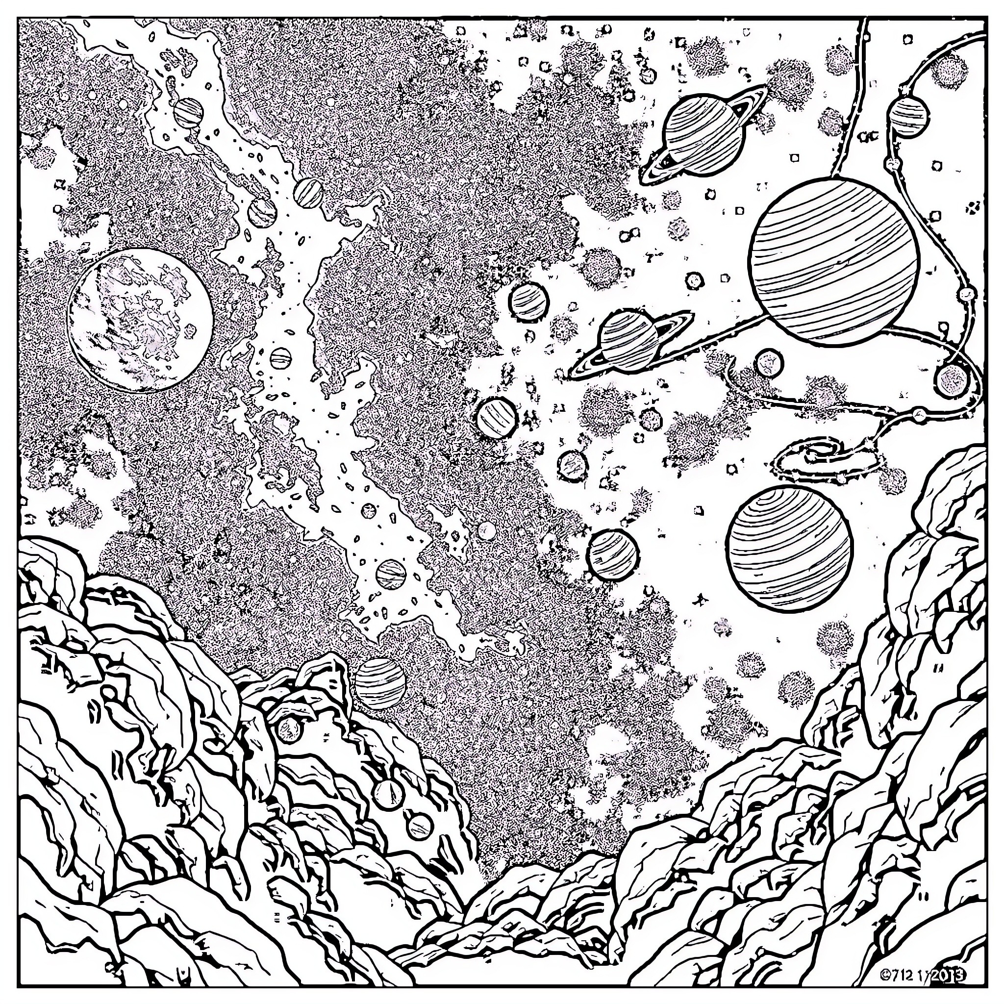 Planet Exploration in Celestial Landscape Coloring Page (free black-and-white line drawing printable PDF for all, from beginners to advanced learners, including children, teens, adults, and seniors)