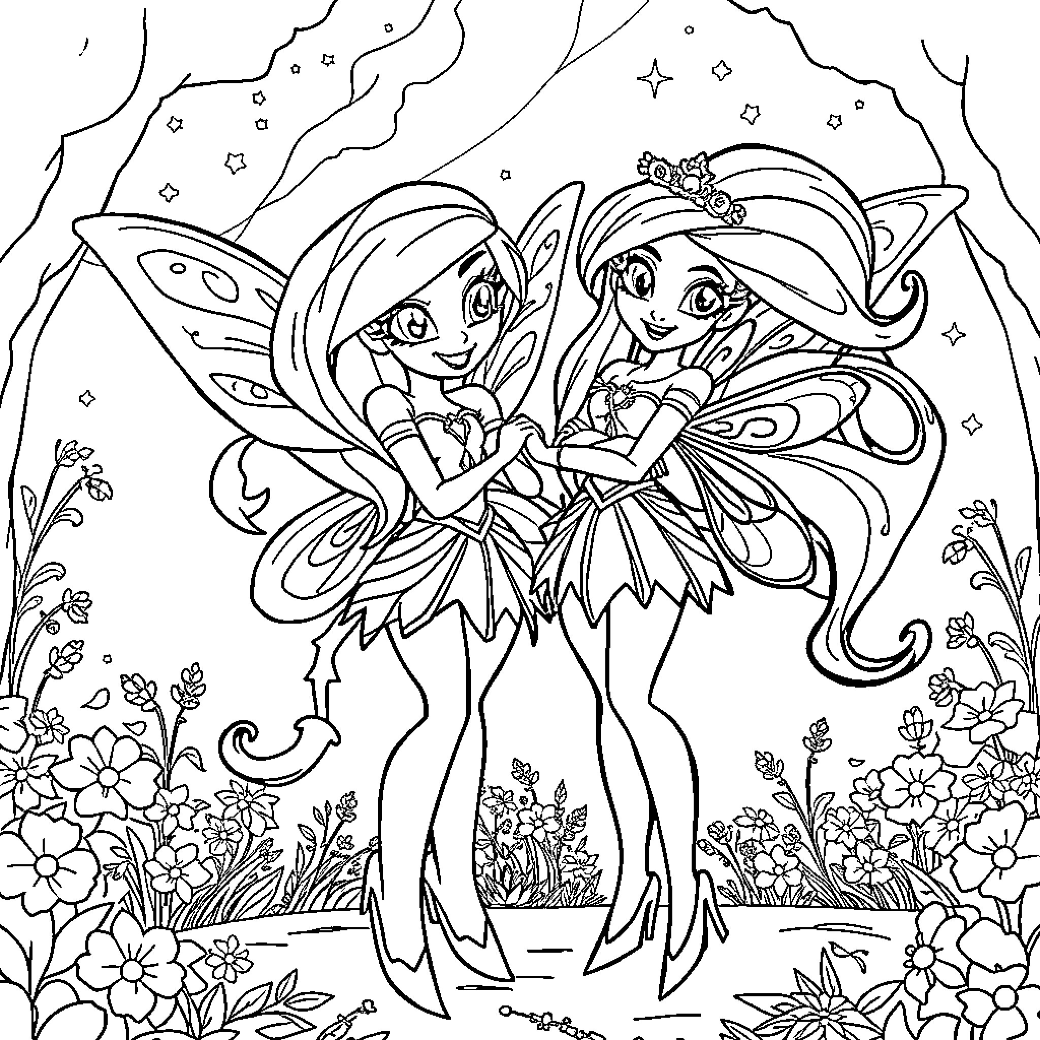 Winx Fairy Friends Embrace in Enchanted Forest Coloring Page (free black-and-white line drawing printable PDF for all, from beginners to advanced learners, including children, teens, adults, and seniors)