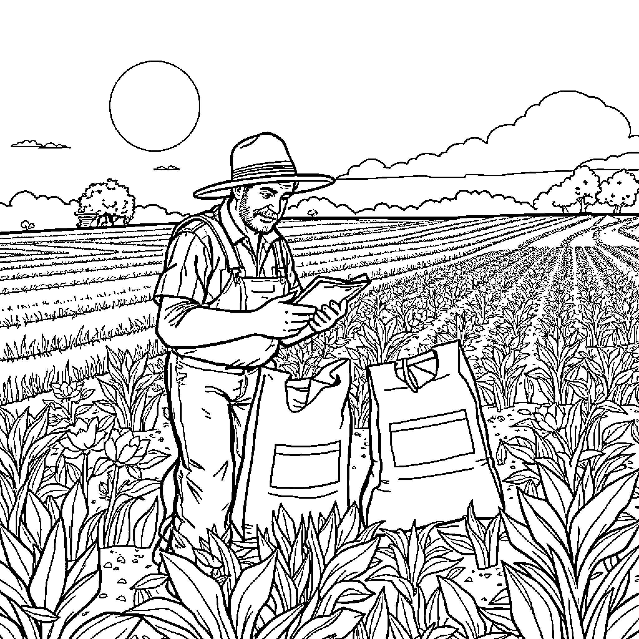 Farmer surveying his lush farmland Coloring Page (free black-and-white line drawing printable PDF for all, from beginners to advanced learners, including children, teens, adults, and seniors)
