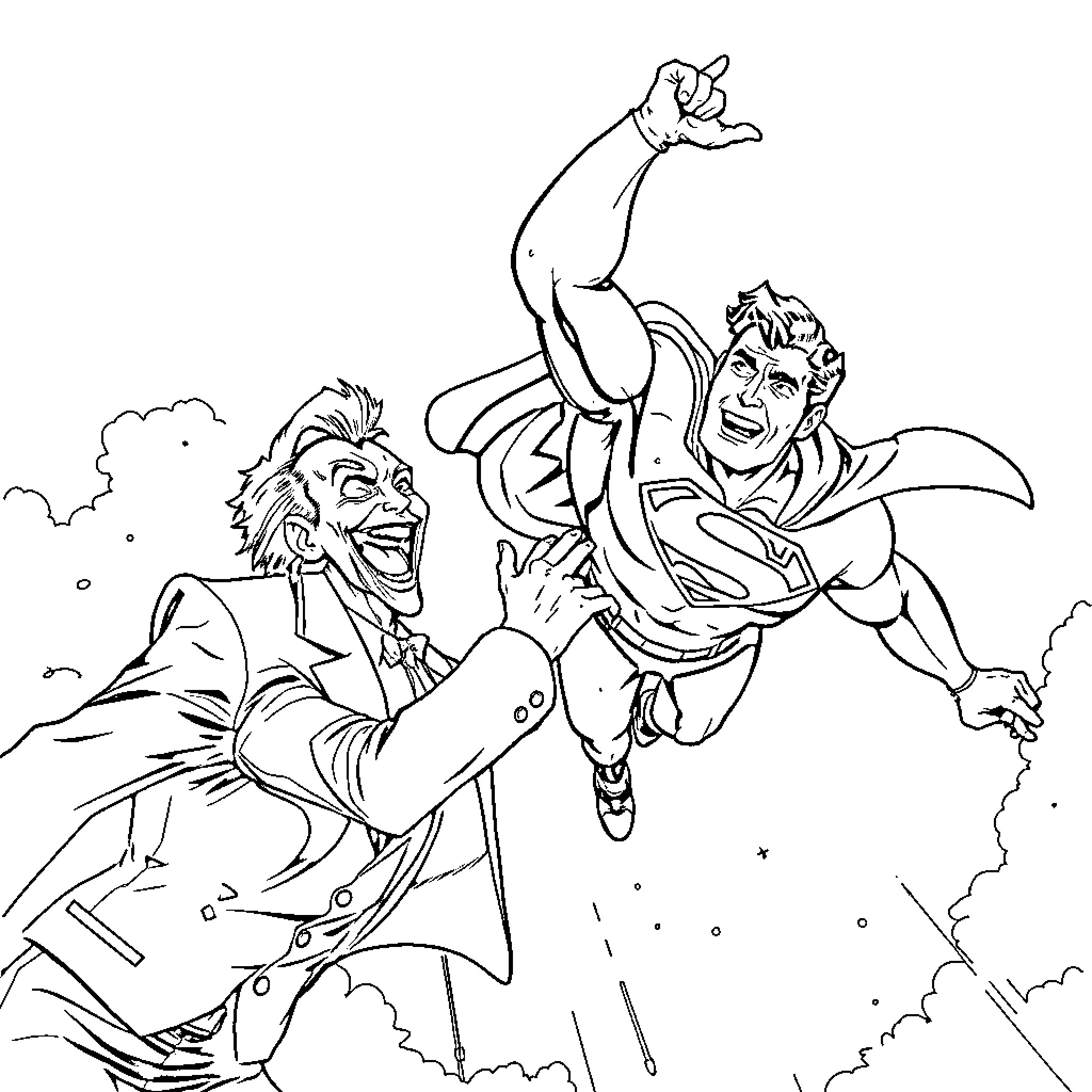 Superman battling with a villainous foe in the sky Coloring Page (free black-and-white line drawing printable PDF for all, from beginners to advanced learners, including children, teens, adults, and seniors)