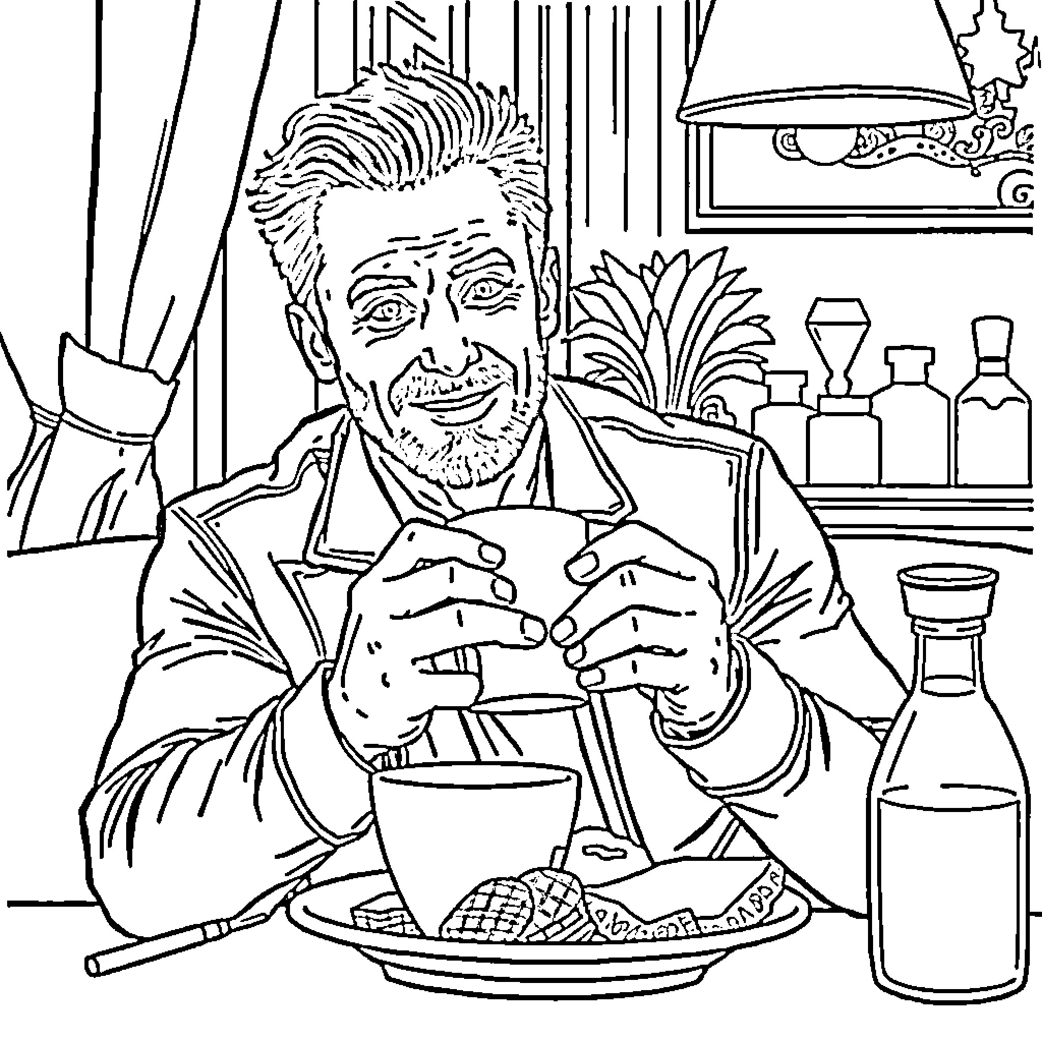 Hugh Jackman enjoying a hearty meal in his cozy kitchen Coloring Page (free black-and-white line drawing printable PDF for all, from beginners to advanced learners, including children, teens, adults, and seniors)