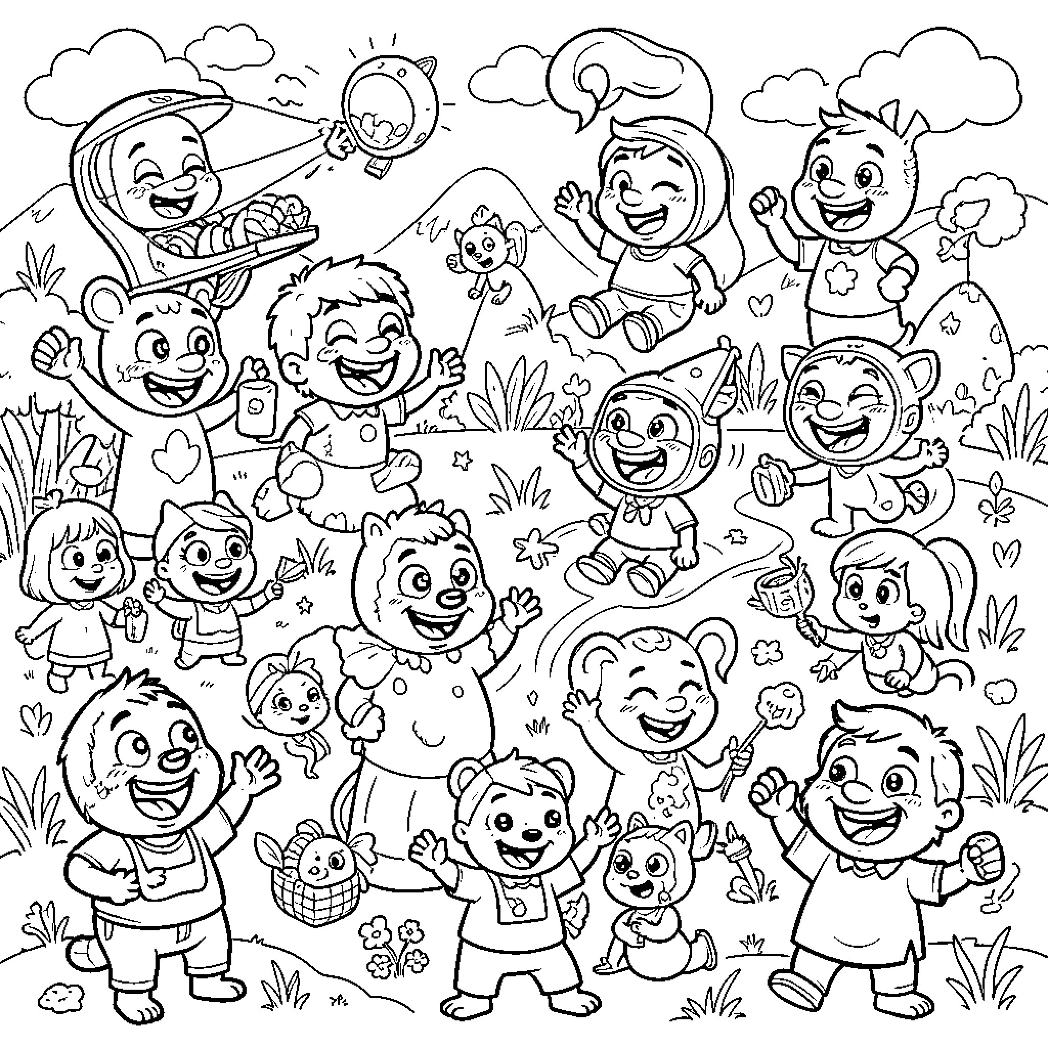 Cartoon Characters Joyfully Exploring the Outdoors Coloring Page (free black-and-white line drawing printable PDF for all, from beginners to advanced learners, including children, teens, adults, and seniors)