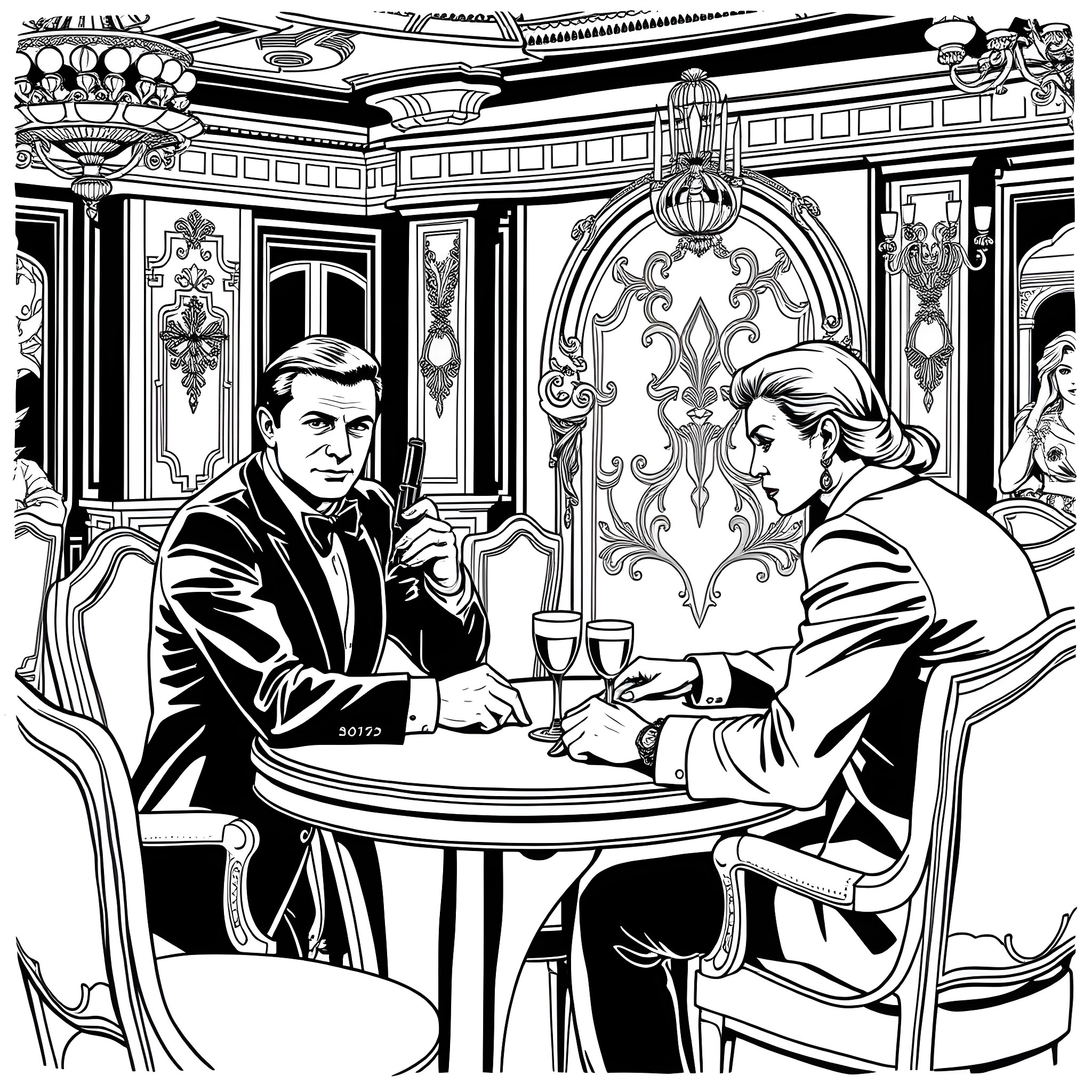 James Bond enjoys a sophisticated evening with a lady in an elegant ballroom Coloring Page (free black-and-white line drawing printable PDF for all, from beginners to advanced learners, including children, teens, adults, and seniors)