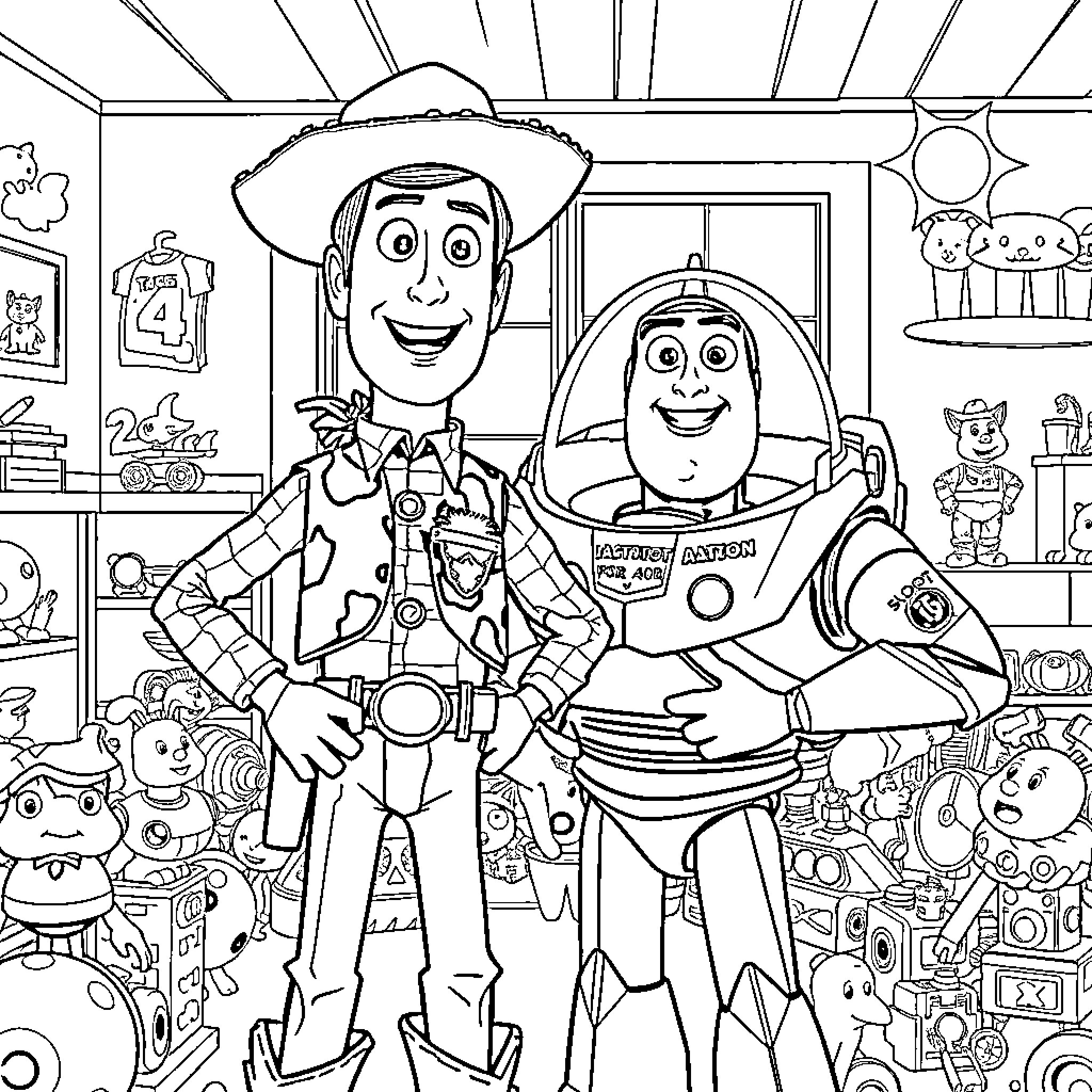 Woody and Buzz Lightyear in a toy-filled room Coloring Page (free black-and-white line drawing printable PDF for all, from beginners to advanced learners, including children, teens, adults, and seniors)