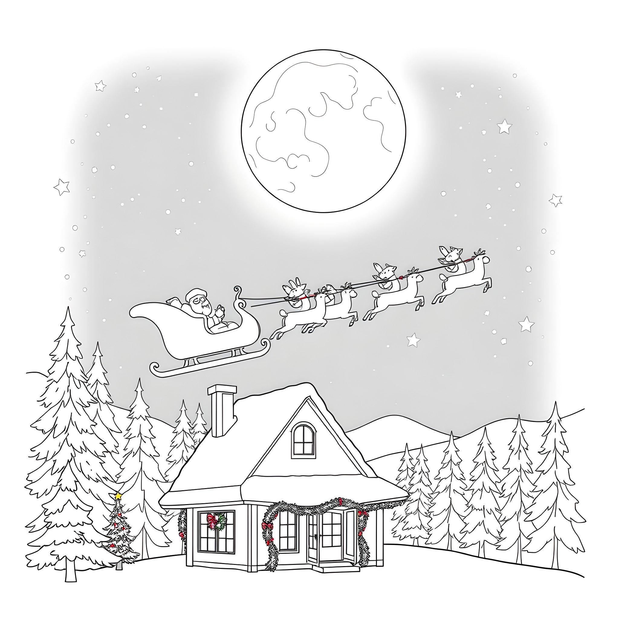 Sleigh flying above the snowy winter landscape Coloring Page (free black-and-white line drawing printable PDF for all, from beginners to advanced learners, including children, teens, adults, and seniors)