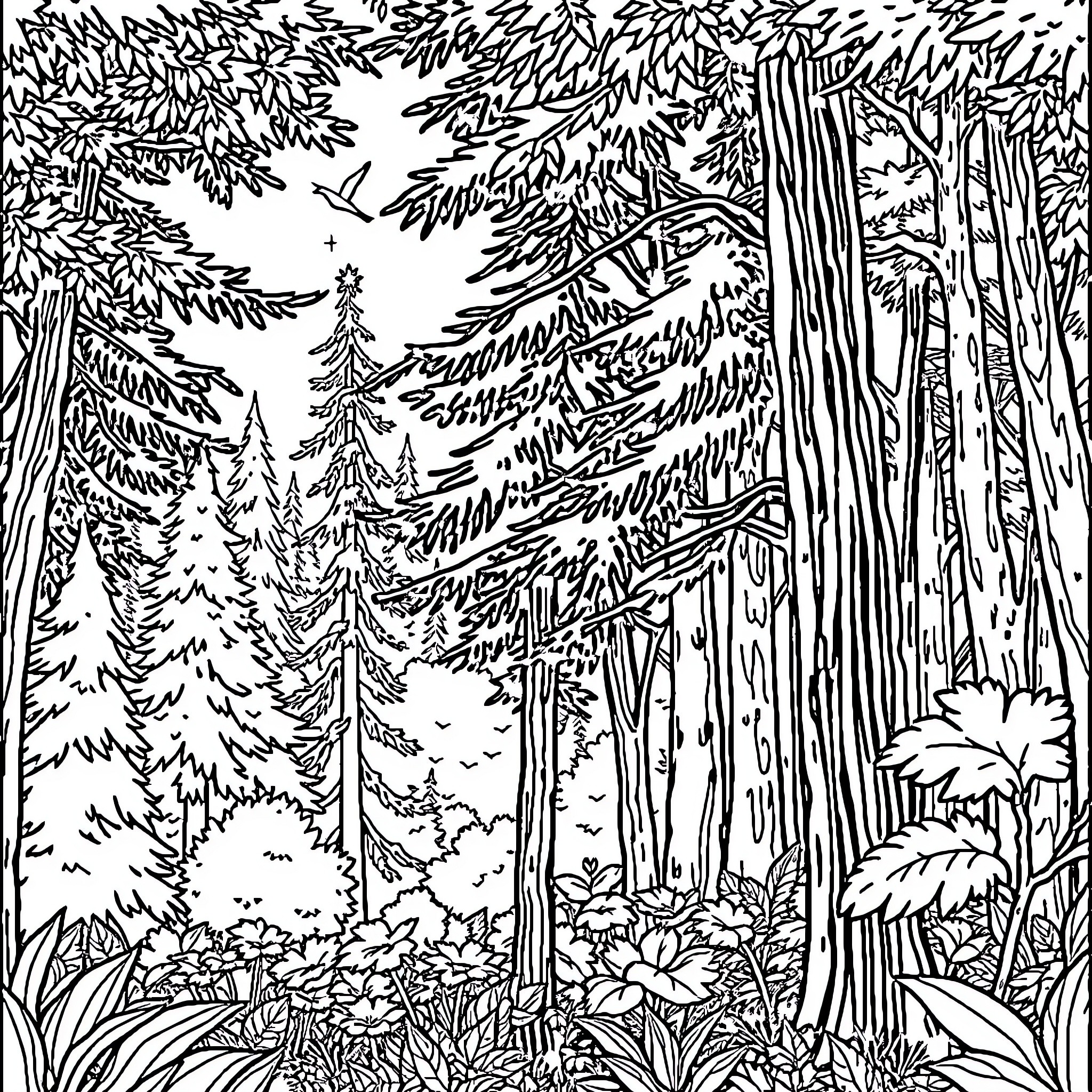 Forest scene with trees and undergrowth Coloring Page (free black-and-white line drawing printable PDF for all, from beginners to advanced learners, including children, teens, adults, and seniors)